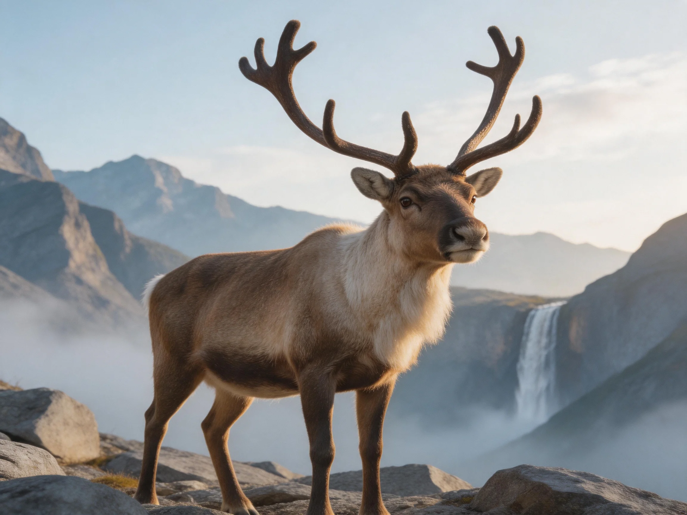 A deer with large antlers stands on rocky ground amid misty mountain scenery.