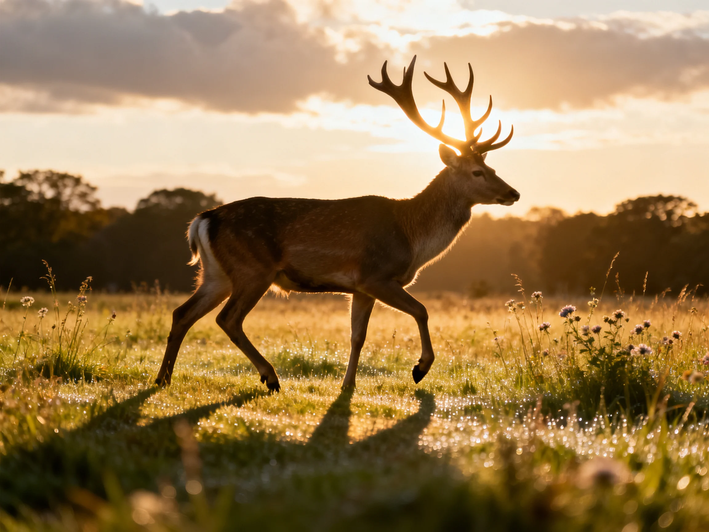 A deer with large antlers walking through a golden meadow at sunset