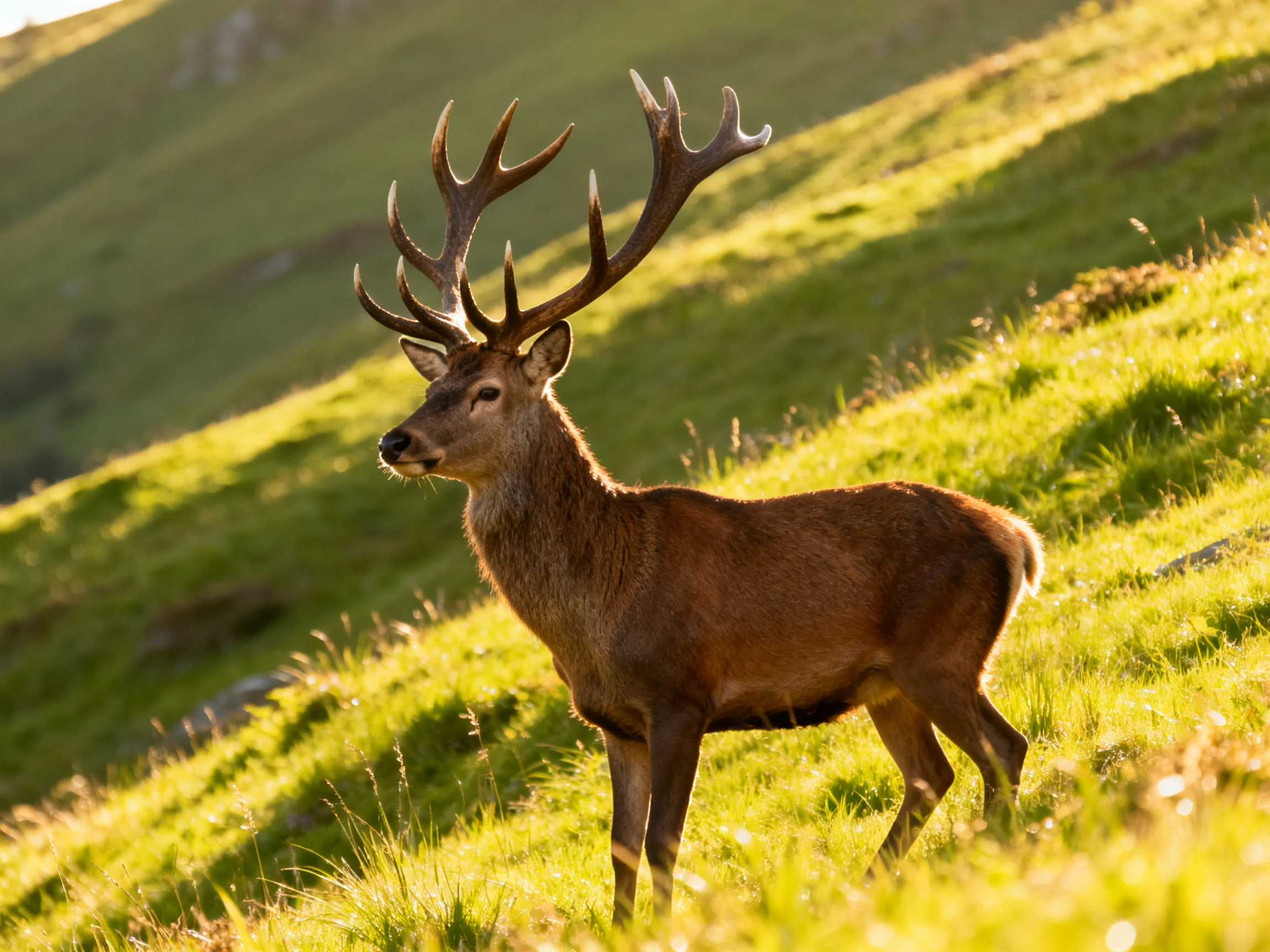 A deer with large antlers stands on a sunlit grassy hillside.