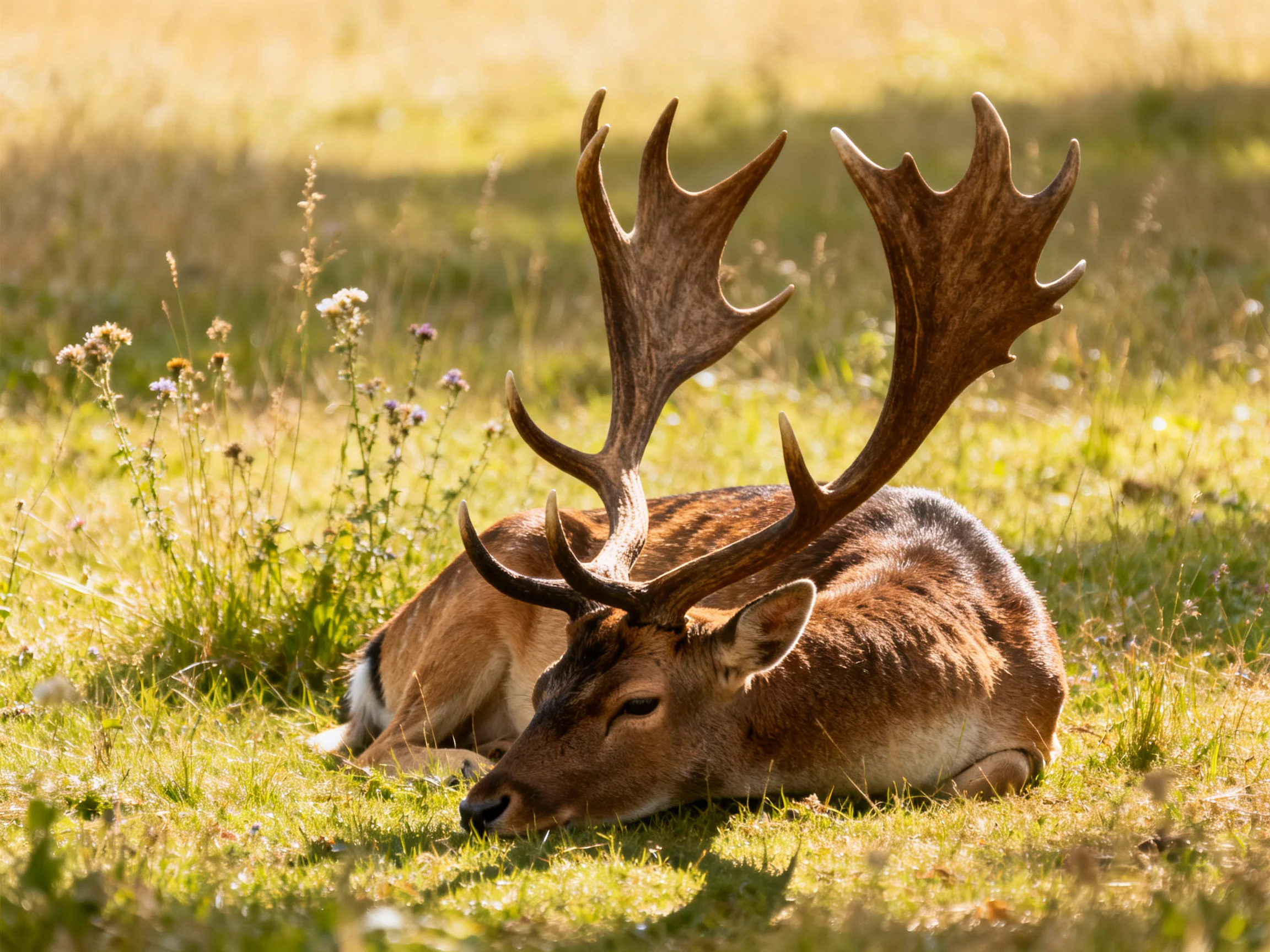 A deer with large antlers lies peacefully in a sunlit grassy area.