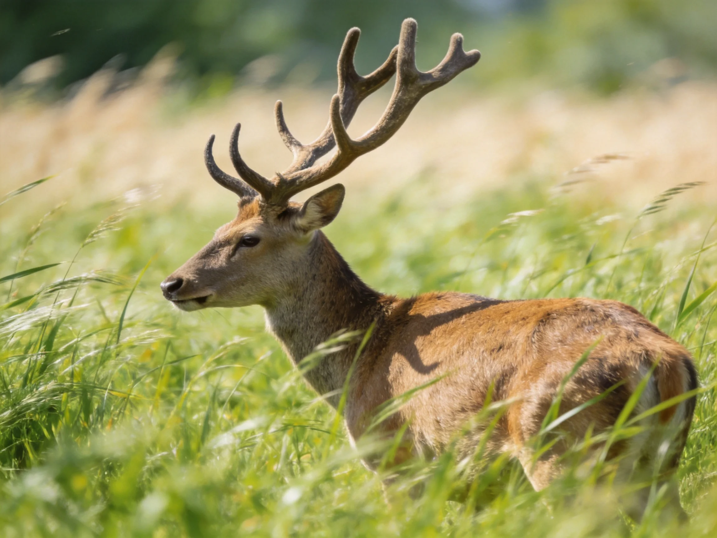 A deer with prominent antlers stands in a sunlit green meadow.
