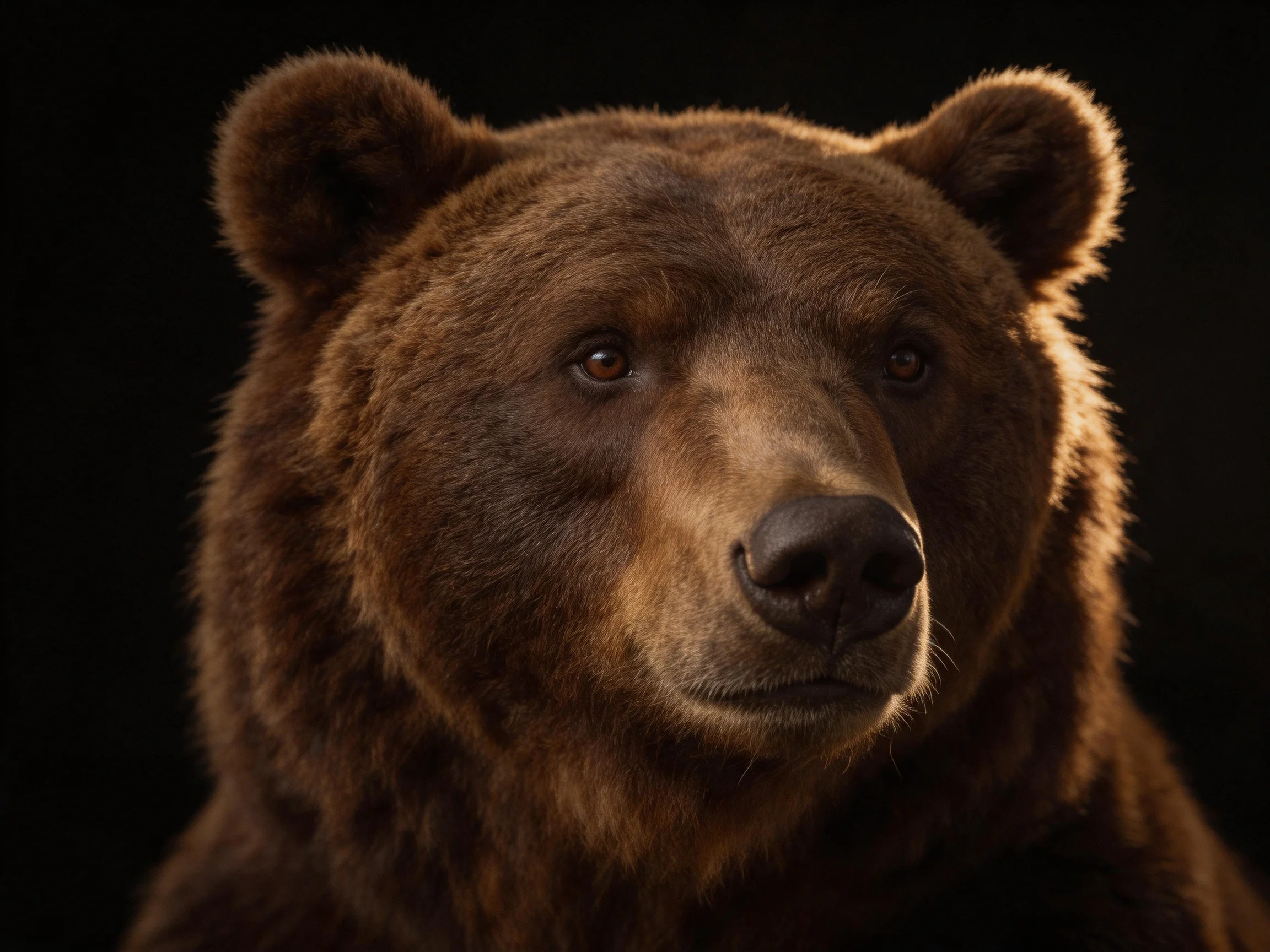A close - up of a brown bear with textured fur against a dark background.