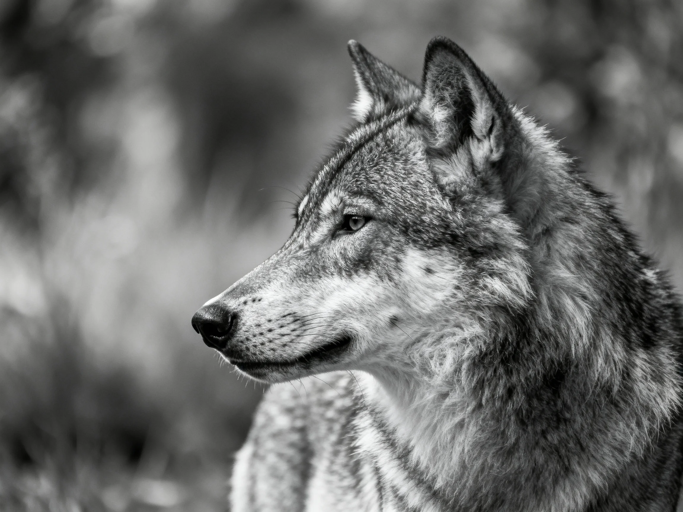 A monochrome photograph showcases a gray wolf’s detailed facial features