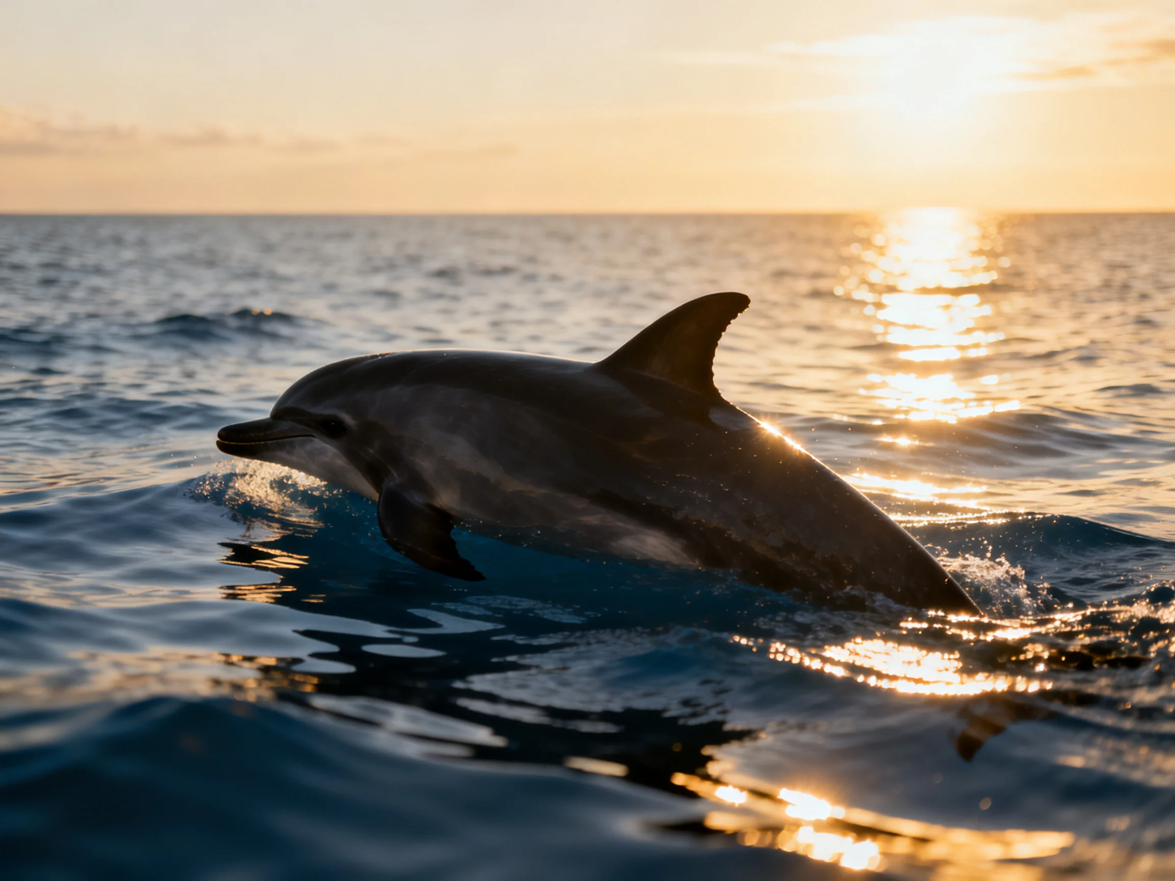 A dolphin emerges from the ocean as sunlight reflects off the water.