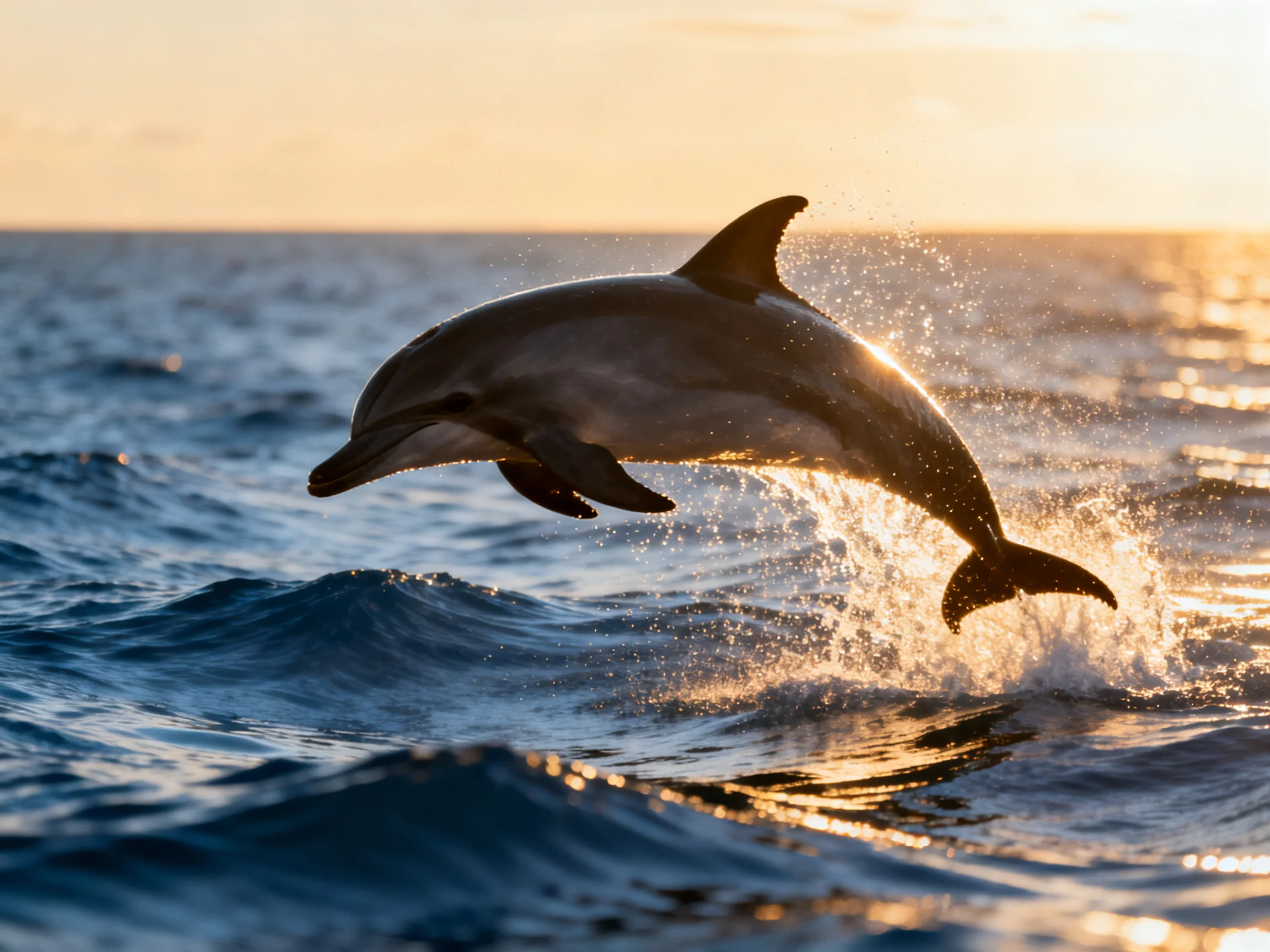 A dolphin leaps over ocean waves at golden hour