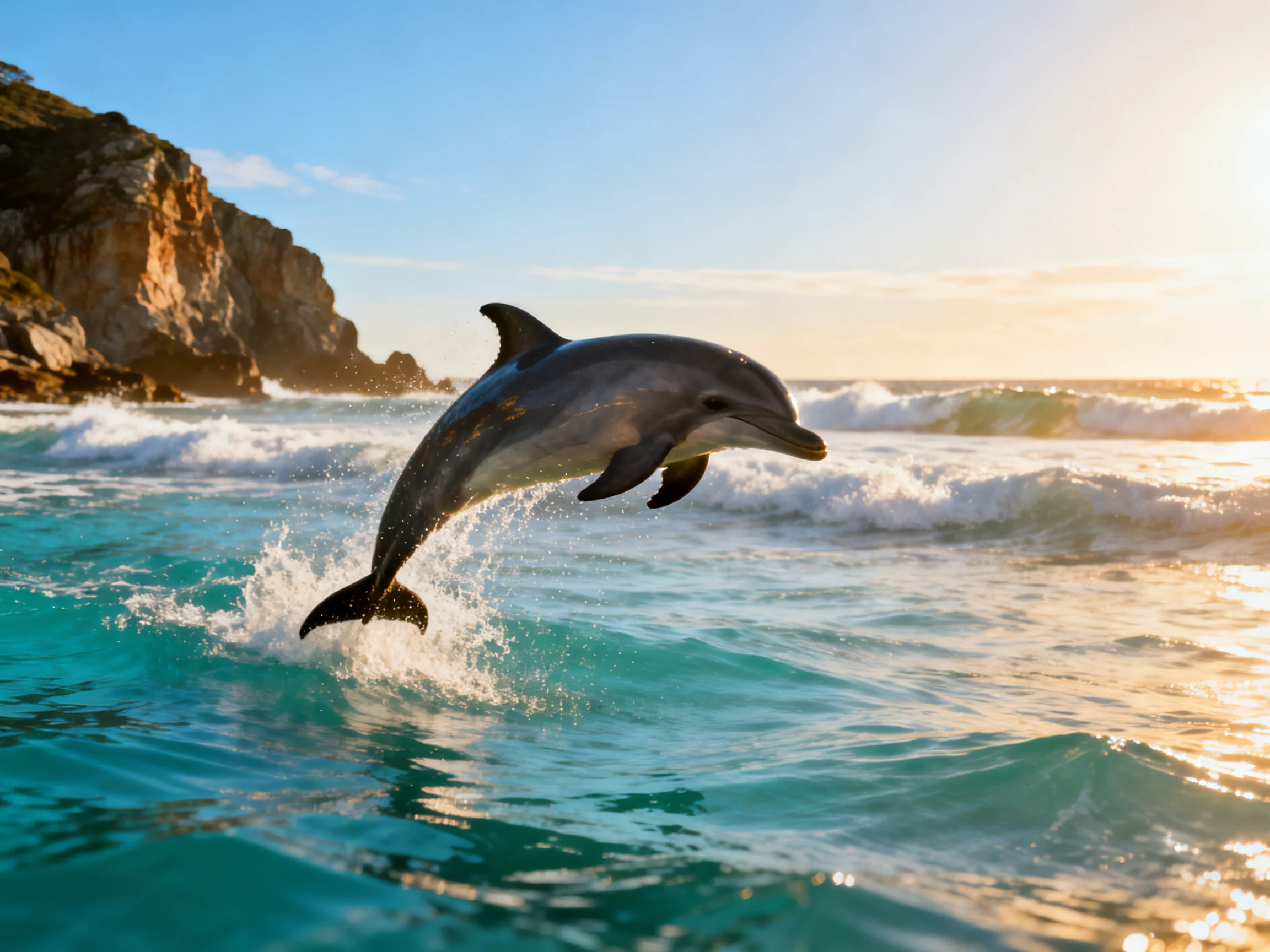 A dolphin leaps over turquoise waves near rocky cliffs at sunset