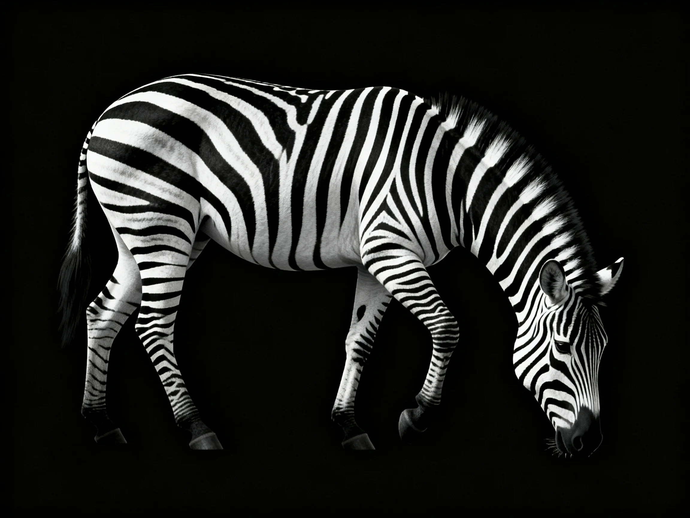 A black-and-white image shows a zebra grazing with distinct stripe patterns.