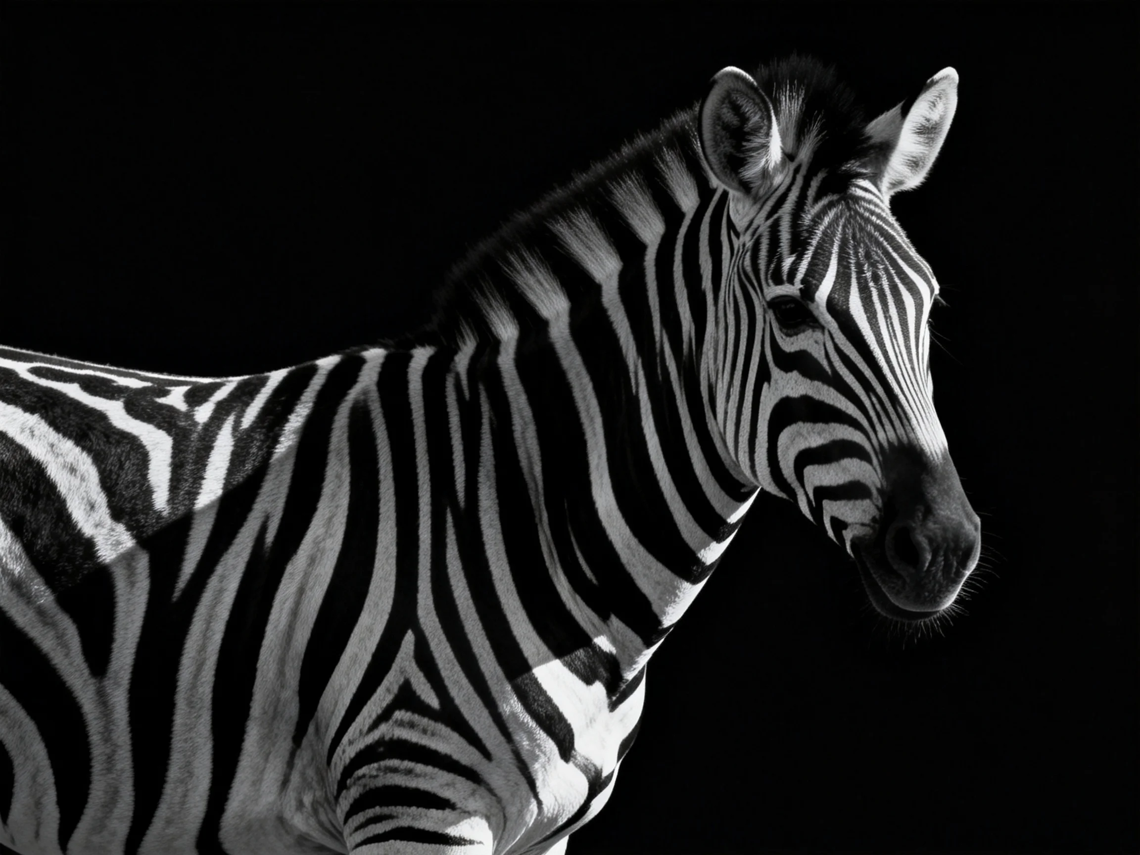 A dramatic black-and-white portrait of a zebra with bold stripe patterns
