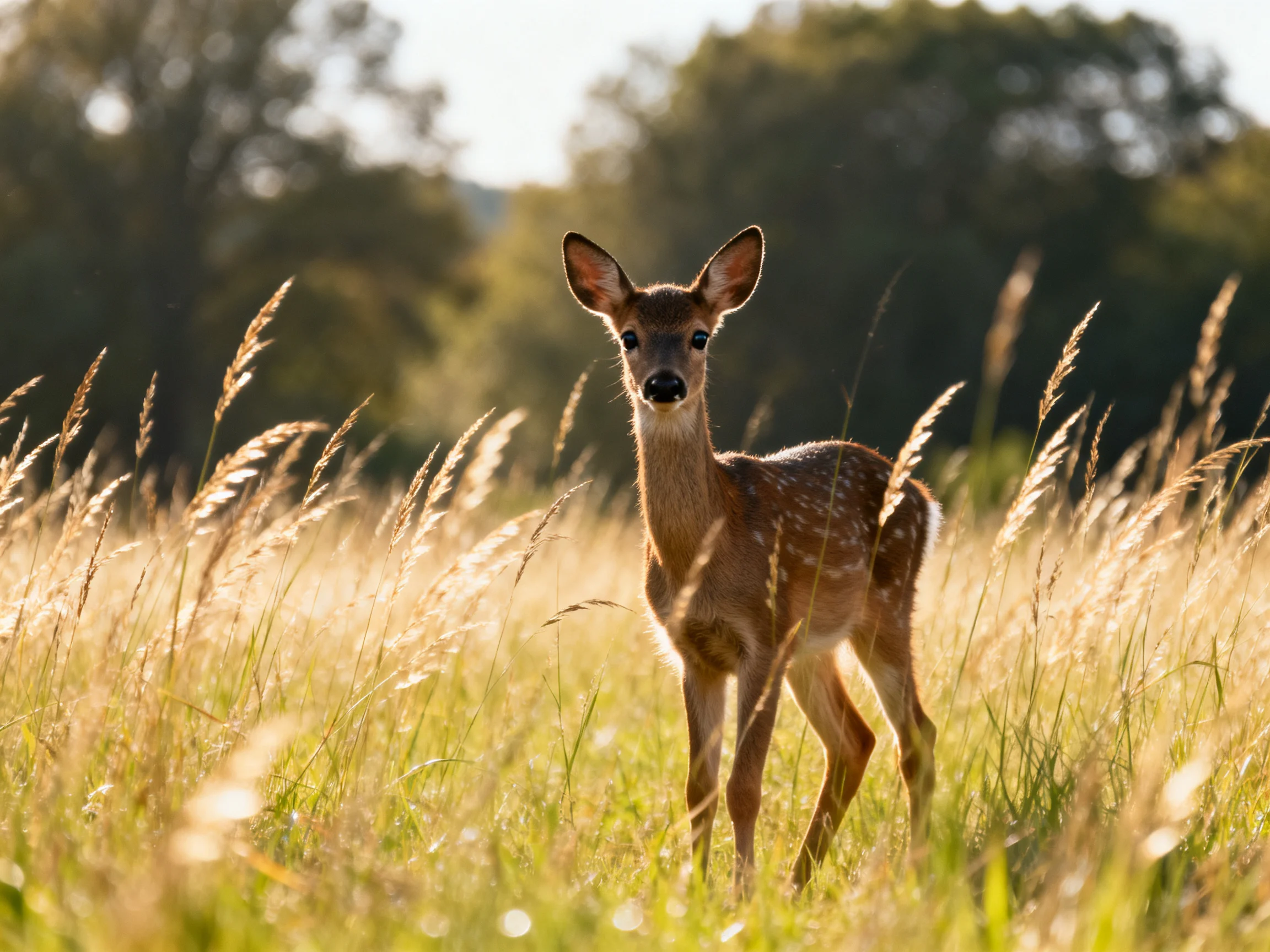 A fawn stands in a sunlit meadow surrounded by golden grasses.