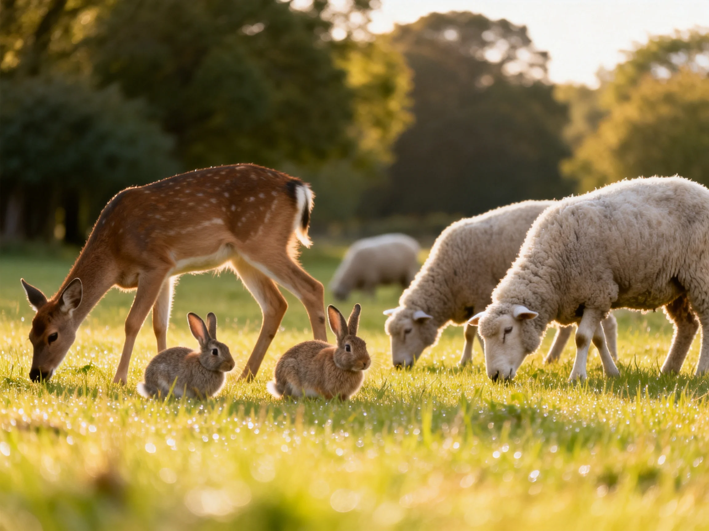 A fawn, two rabbits, and sheep graze in a sunlit meadow