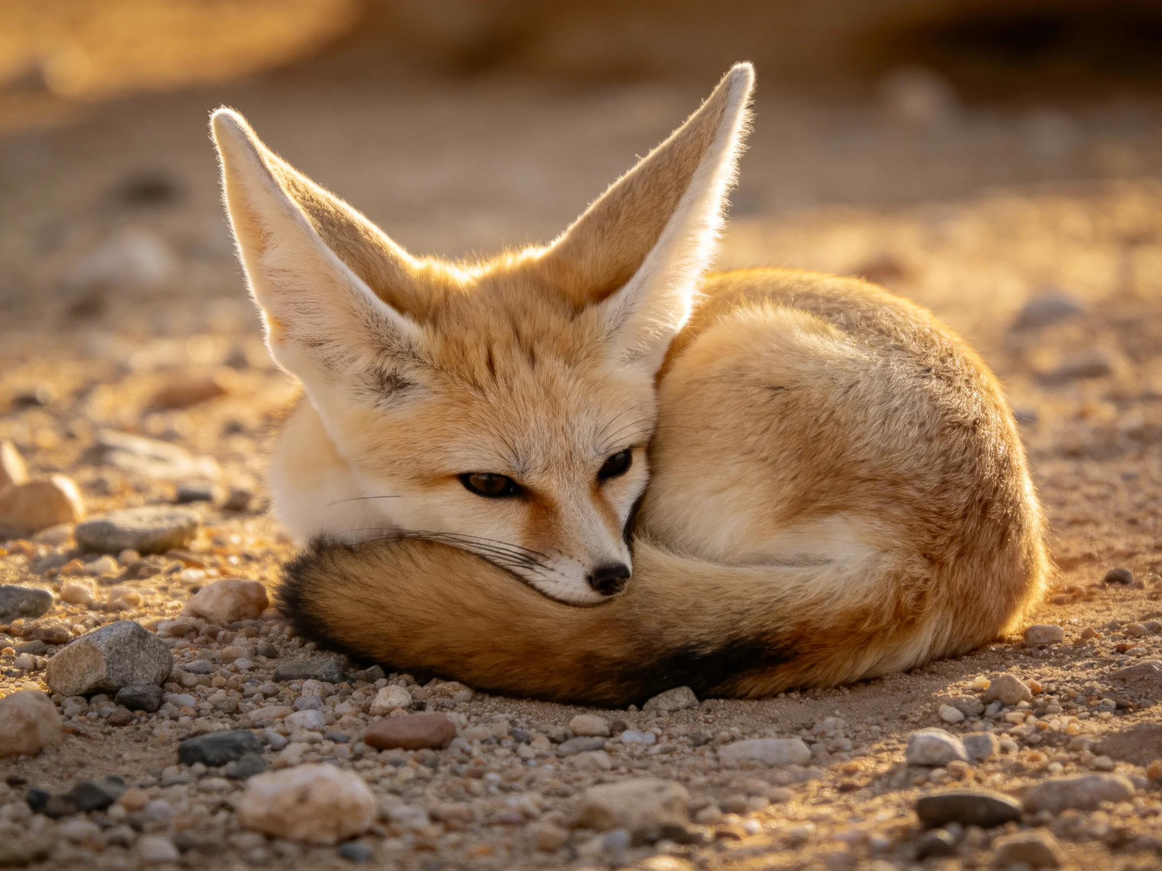 A fennec fox curled on a rocky desert terrain under golden light