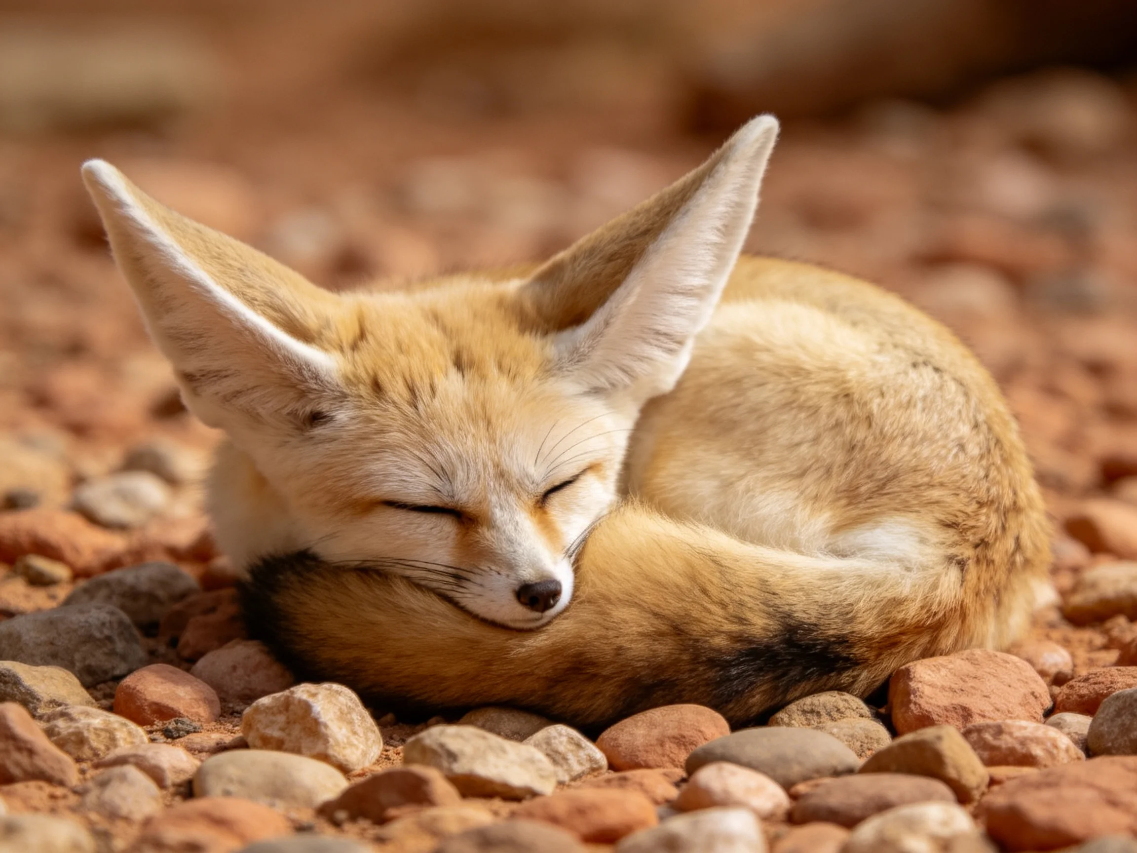 A fennec fox curled up on reddish-brown pebbles in bright sunlight