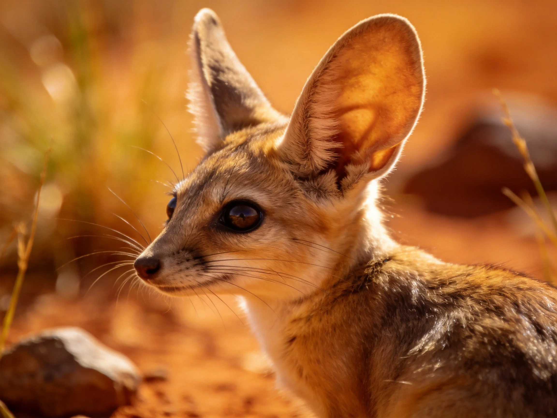 A fennec fox with large ears in a sandy, arid landscape