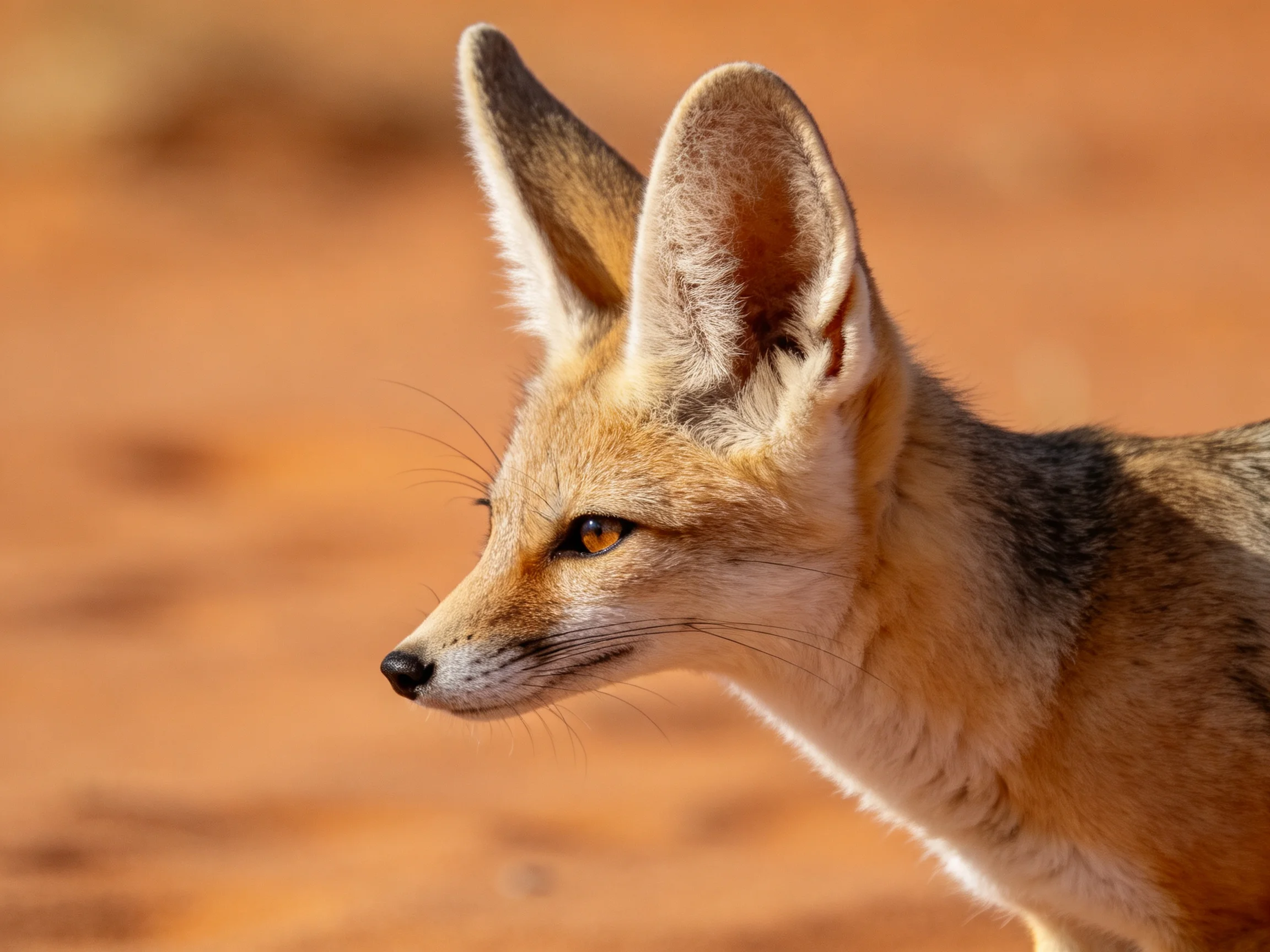 A fennec fox with tan fur stands against an orange desert backdrop
