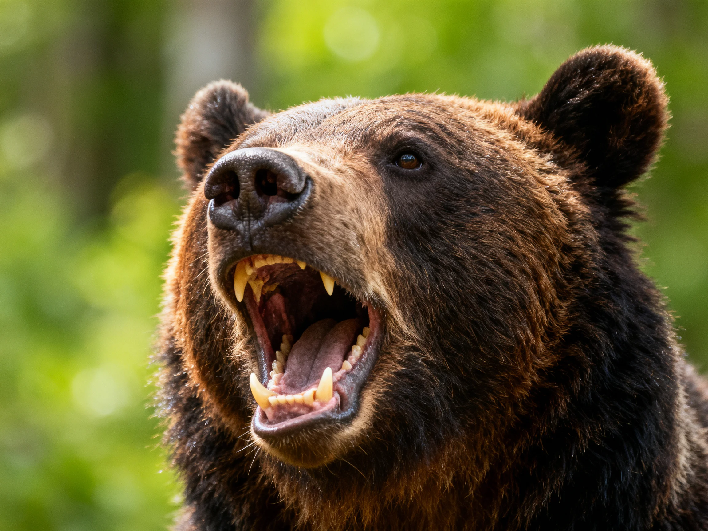 A fierce brown bear roars with sharp teeth in a green forest