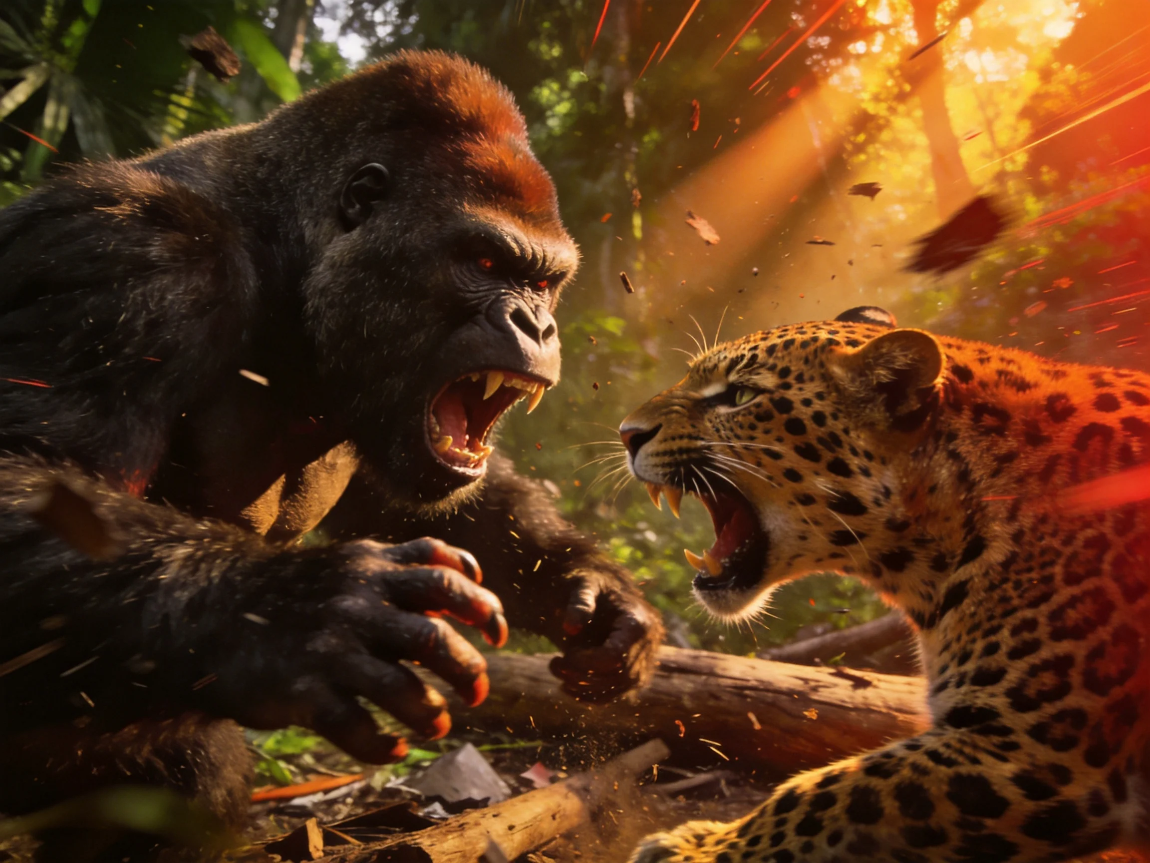 A fierce confrontation between a black gorilla and spotted leopard in a sunlit jungle