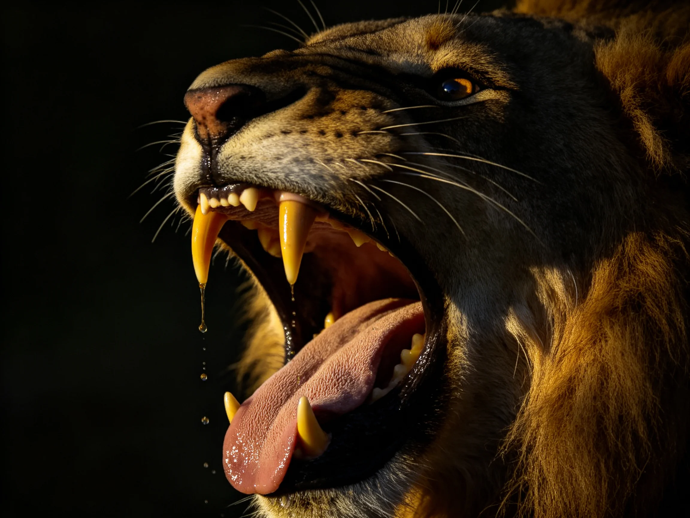 A fierce lion roars with sharp yellow fangs against a dark backdrop