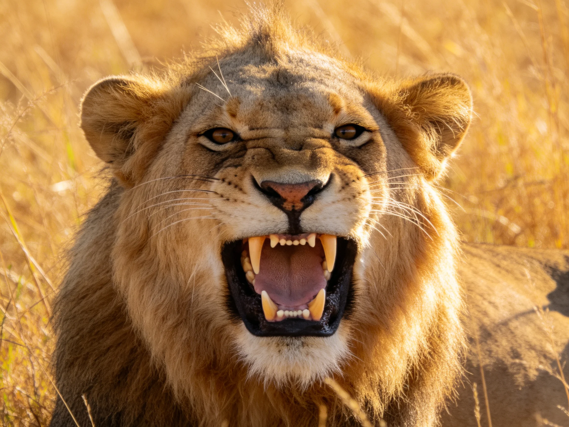 A fierce lioness roars in sunlit golden savannah