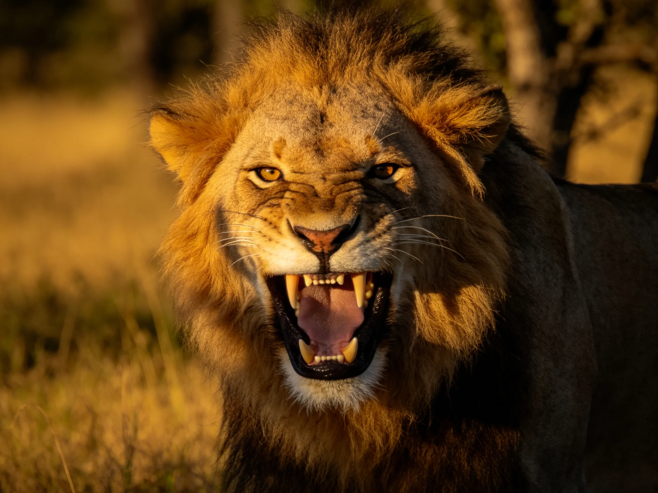 A fierce male lion roaring in golden savannah light
