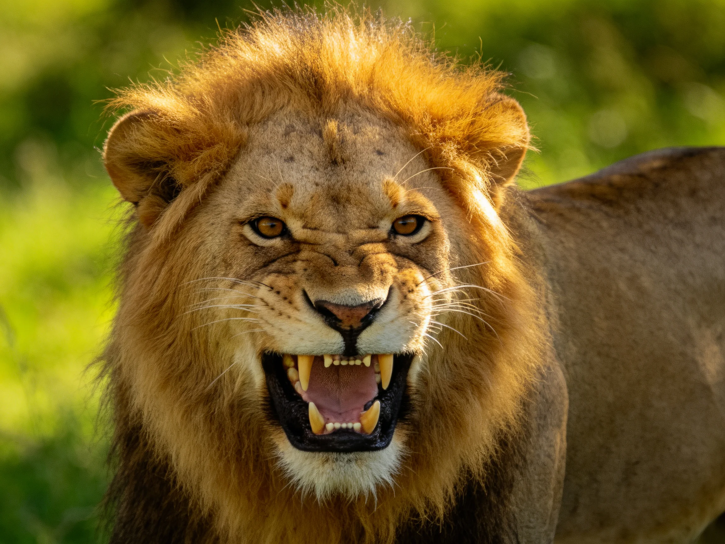 A fierce male lion with golden mane in lush green surroundings