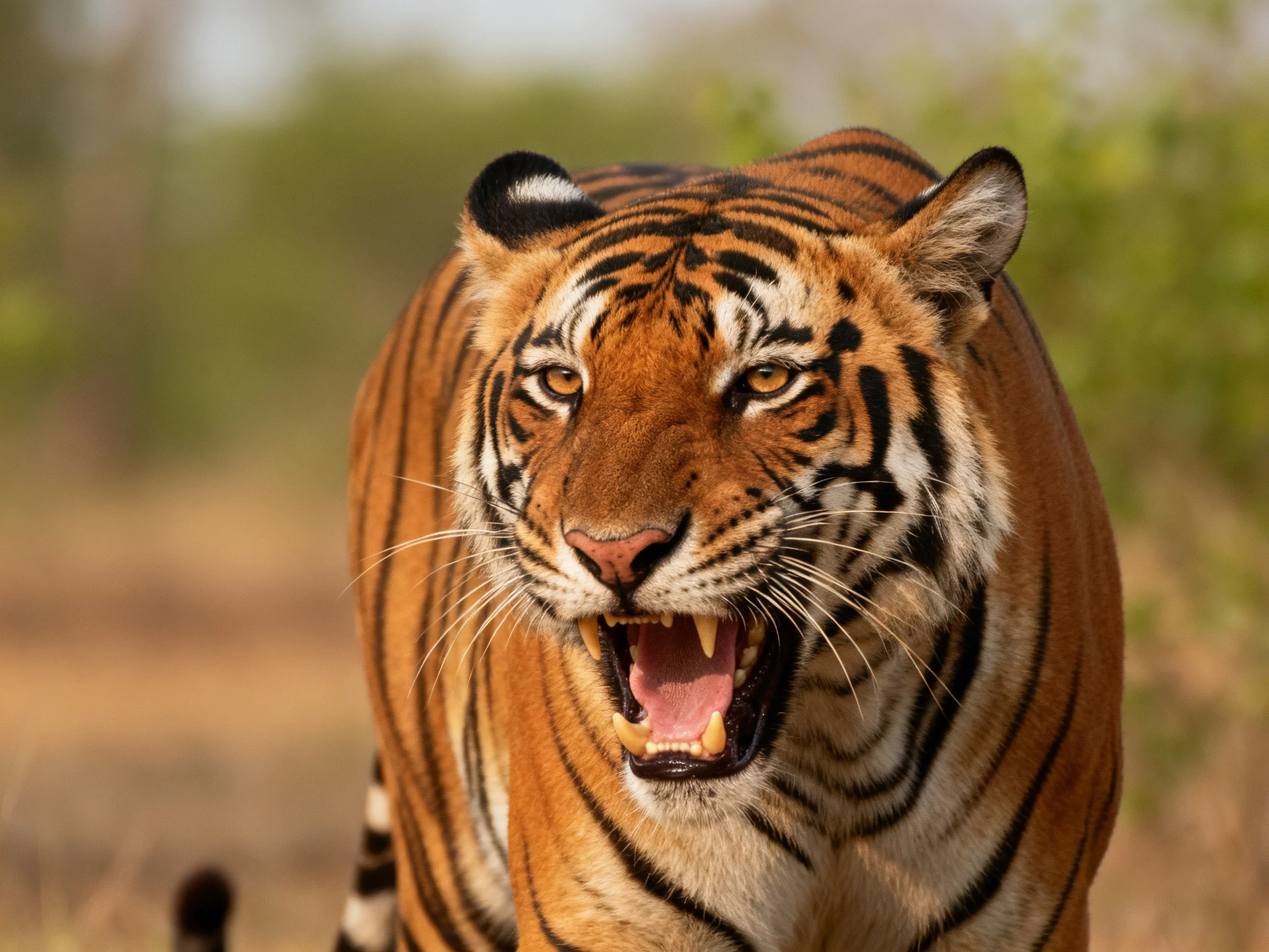 A fierce orange tiger with bold black stripes in a natural setting