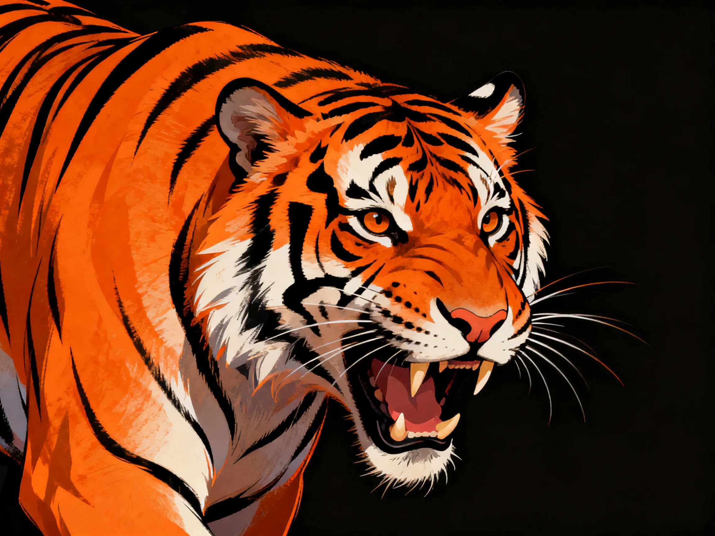 A fierce orange tiger with bold black stripes on a solid black background