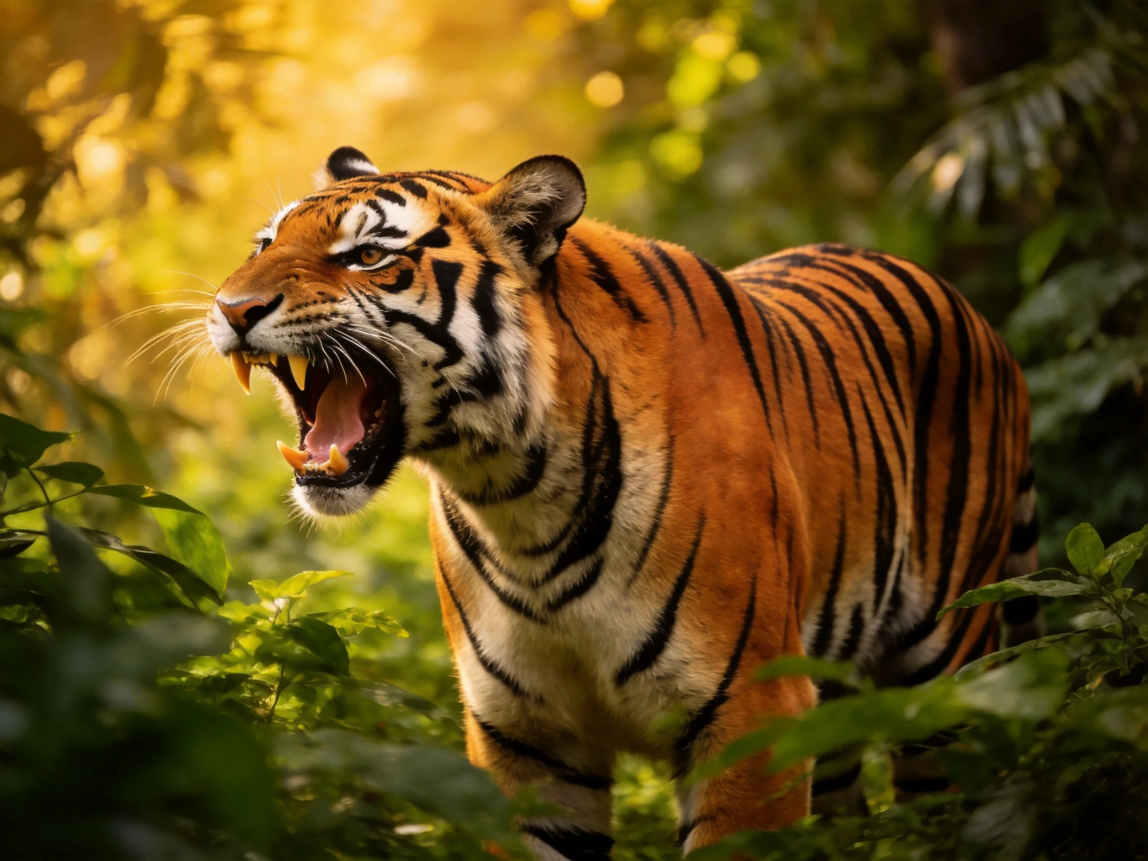 A fierce orange tiger with bold black stripes roams through dense green foliage