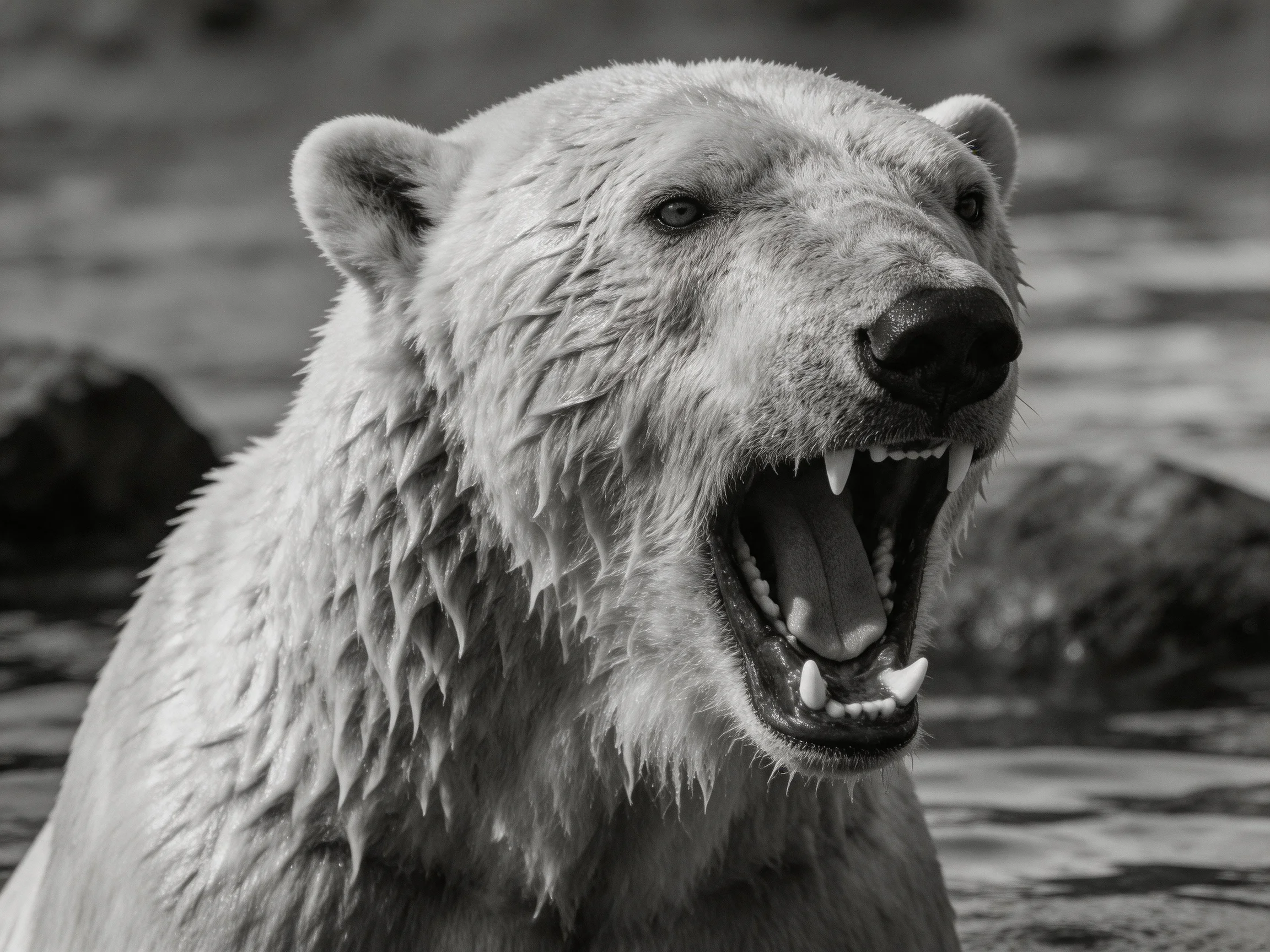 A fierce polar bear roaring with wet fur near water