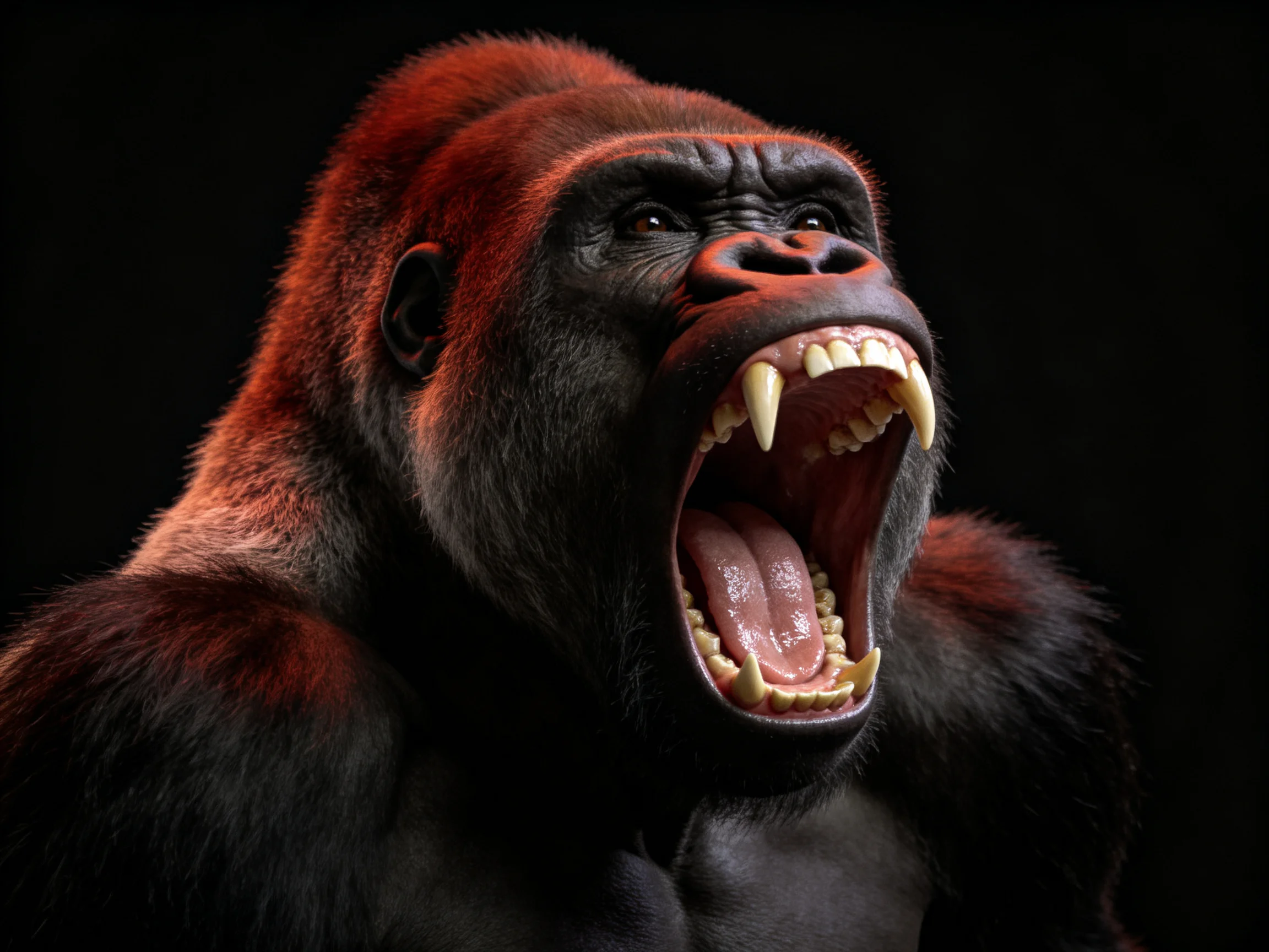 A fierce silverback gorilla roaring with bared teeth on a black background