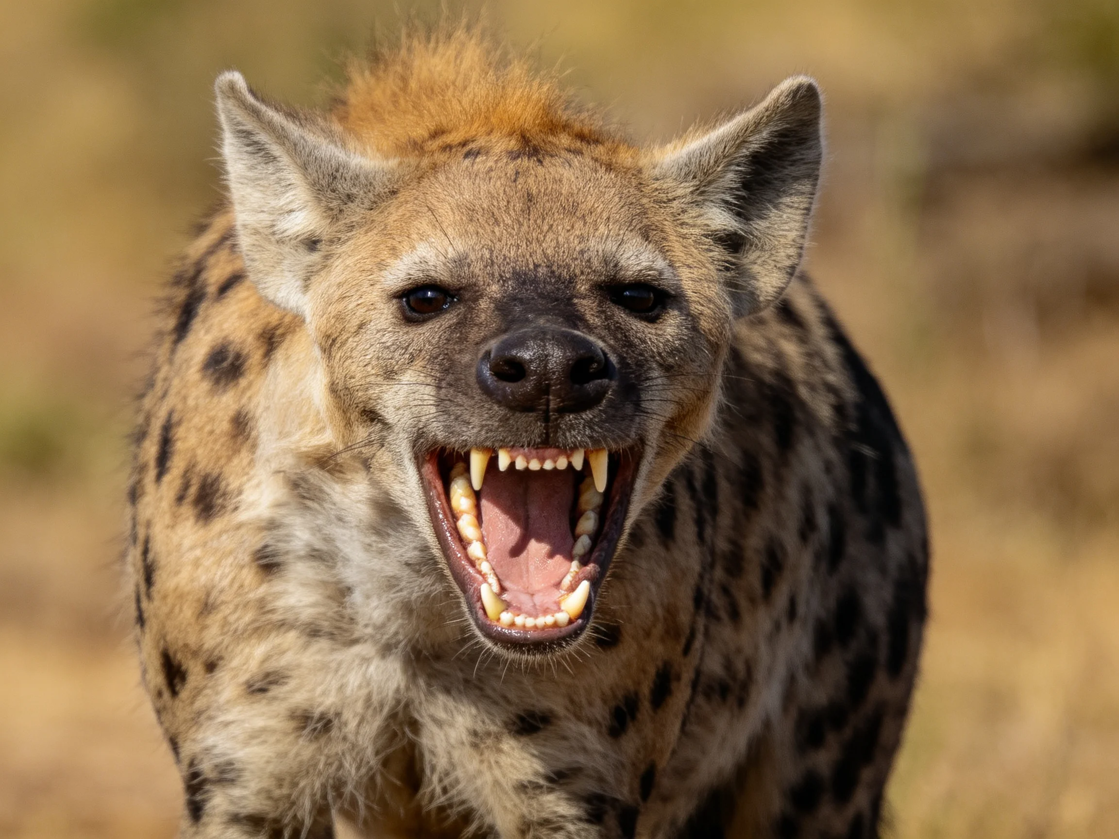 A fierce spotted hyena displays sharp teeth in sunlit savanna