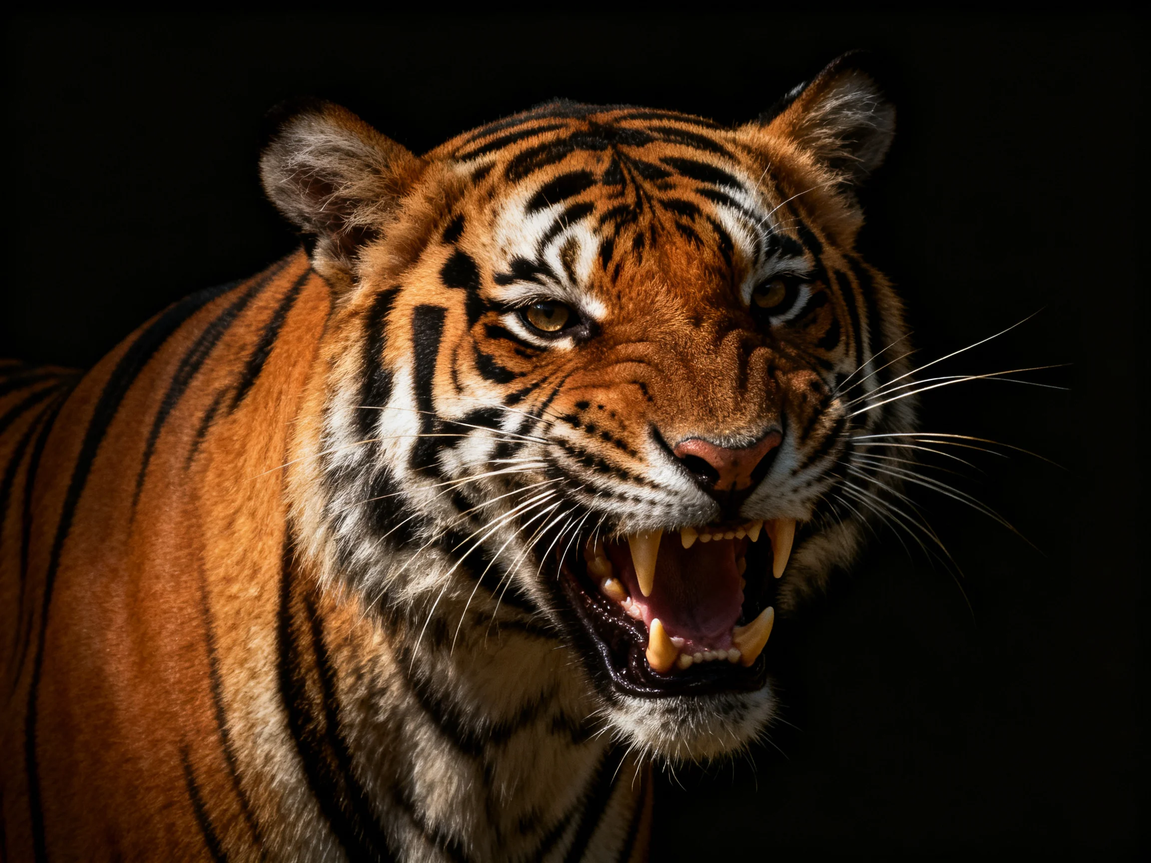 A fierce tiger displaying bold black stripes and vibrant orange fur