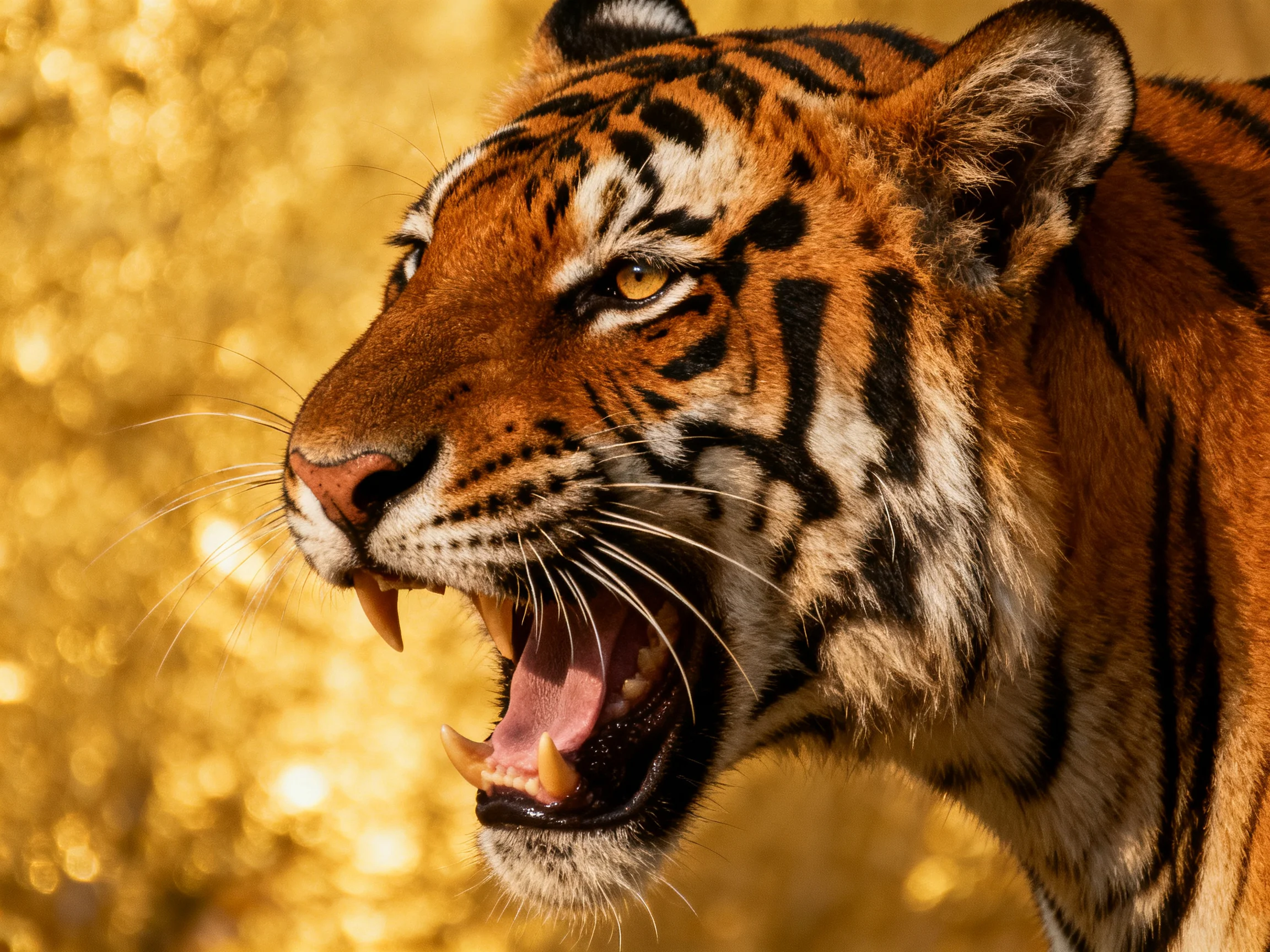 A fierce tiger roars with sharp teeth against a golden bokeh backdrop