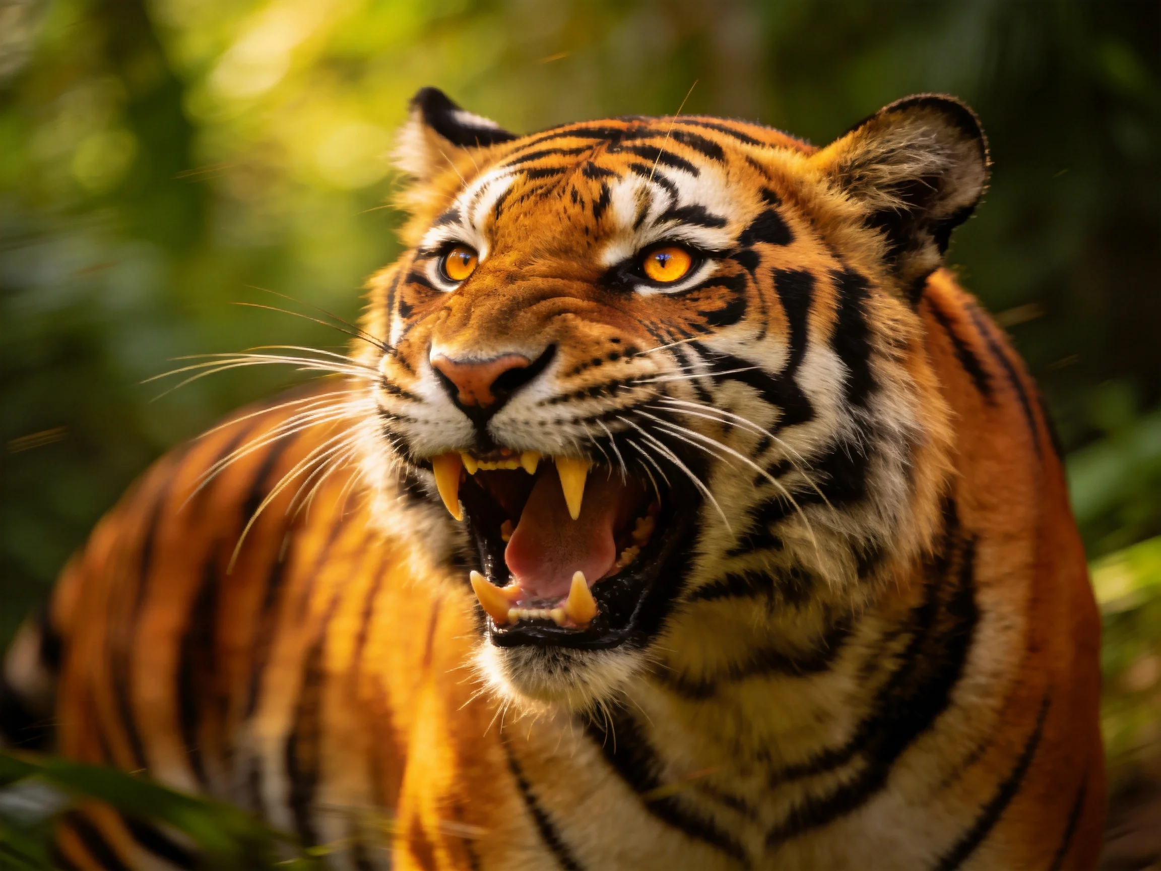 A fierce tiger with golden eyes roars in verdant foliage
