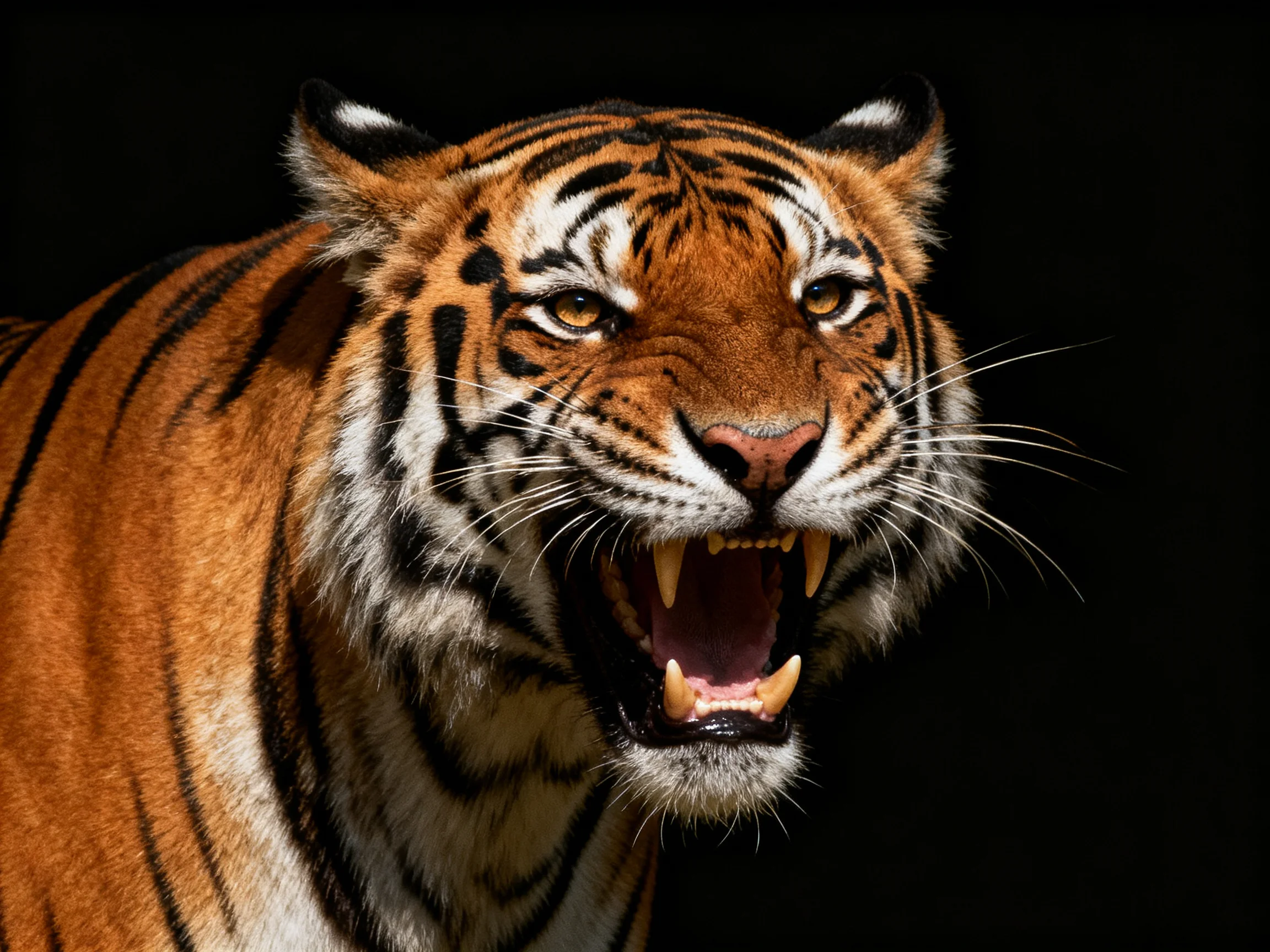A fierce tiger with orange fur and bold black stripes roaring against a dark background