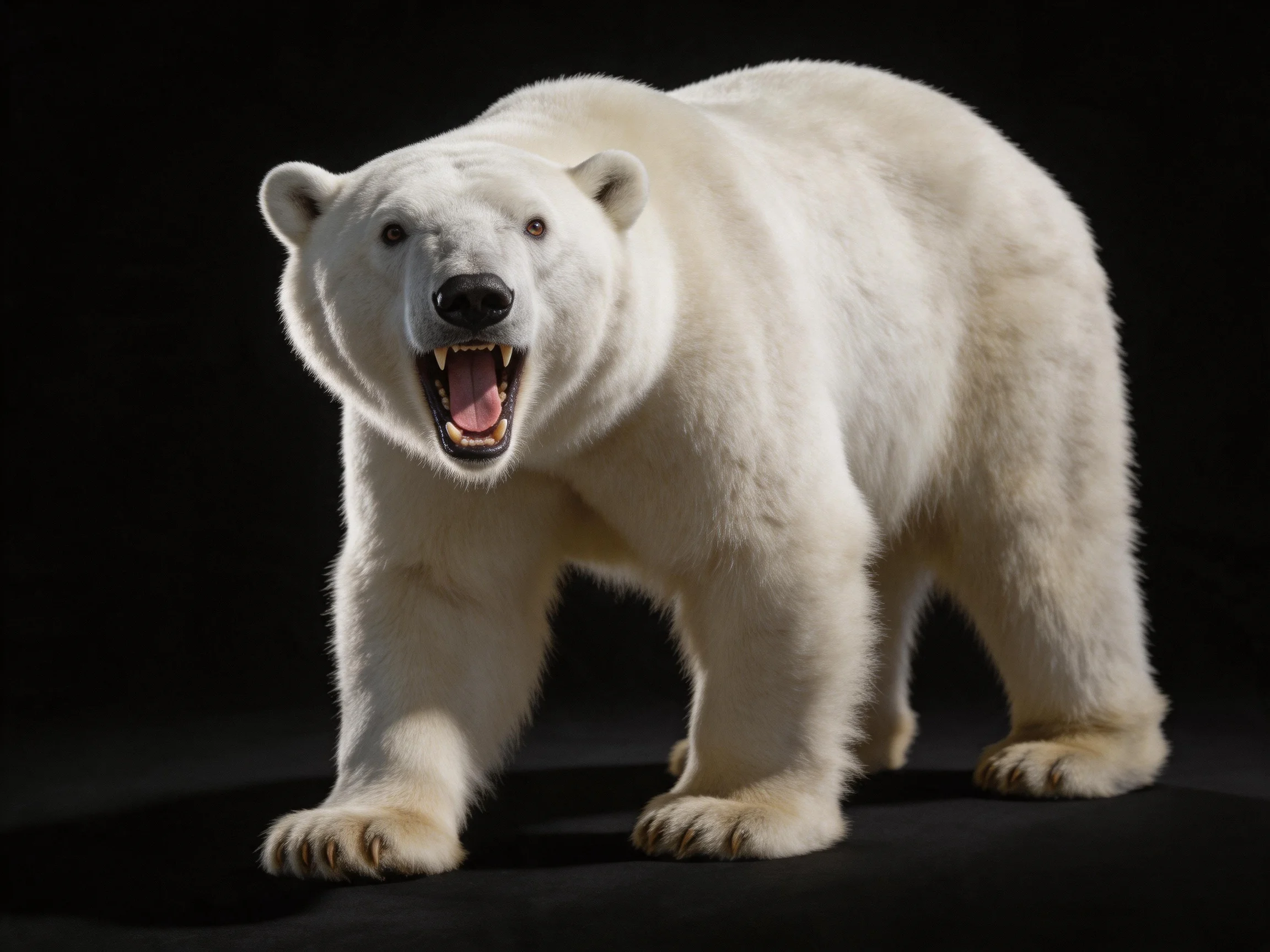 A fierce white polar bear roaring against a stark black backdrop