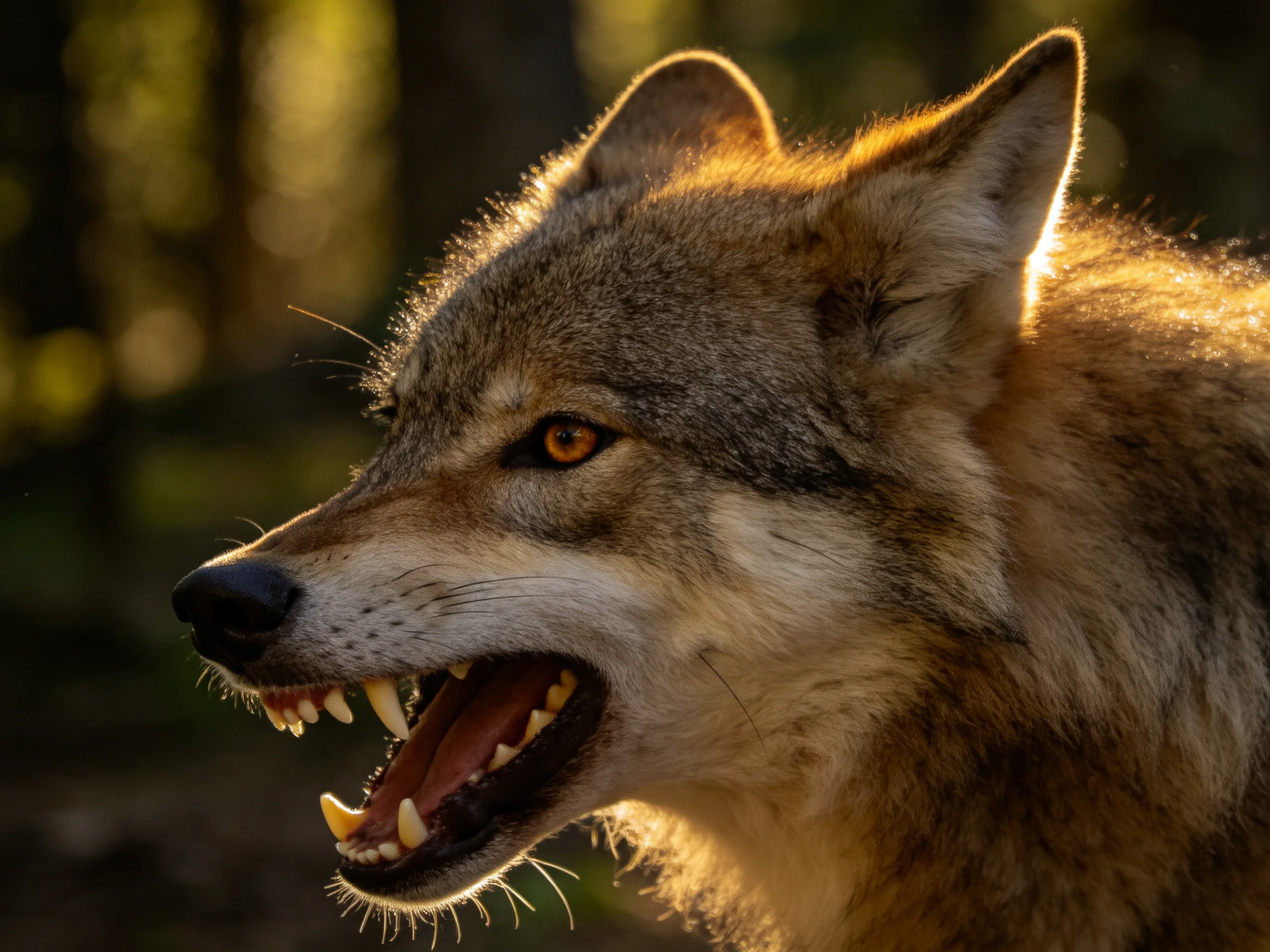 A fierce wolf with sharp teeth illuminated by golden sunlight