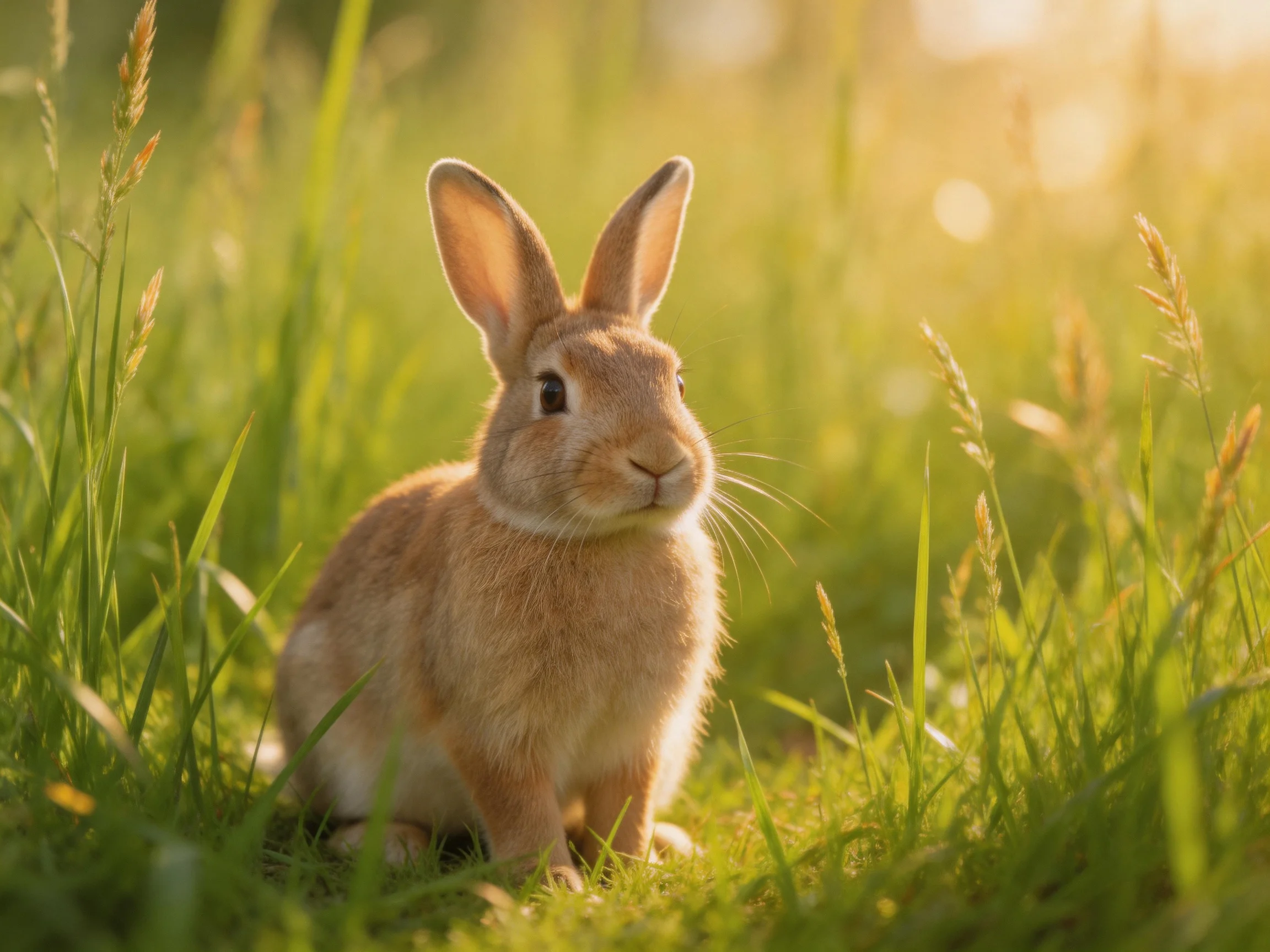 A fluffy brown rabbit amidst tall green grass in golden sunlight