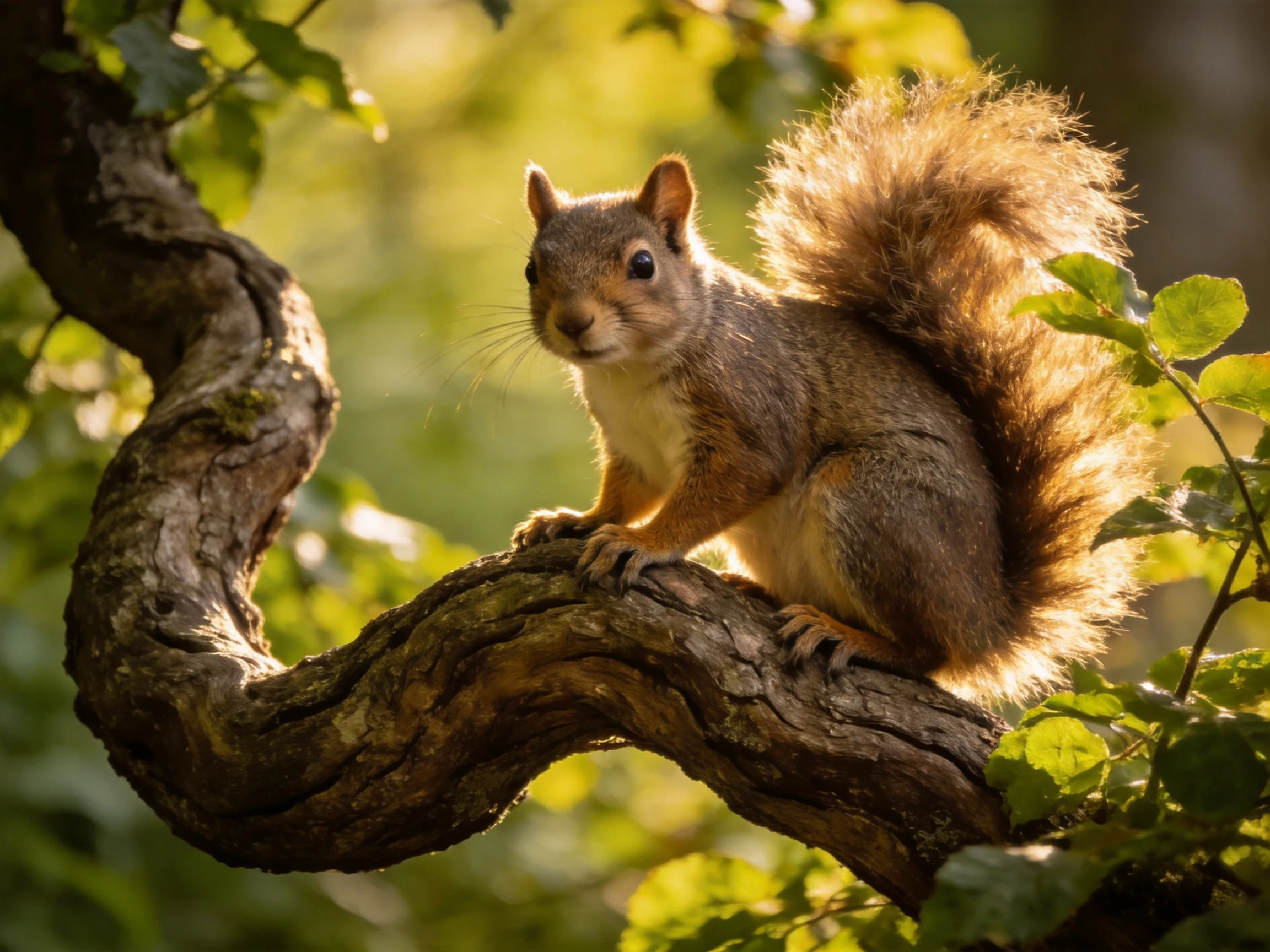 A fluffy brown squirrel perches on a gnarled tree branch amid green foliage.
