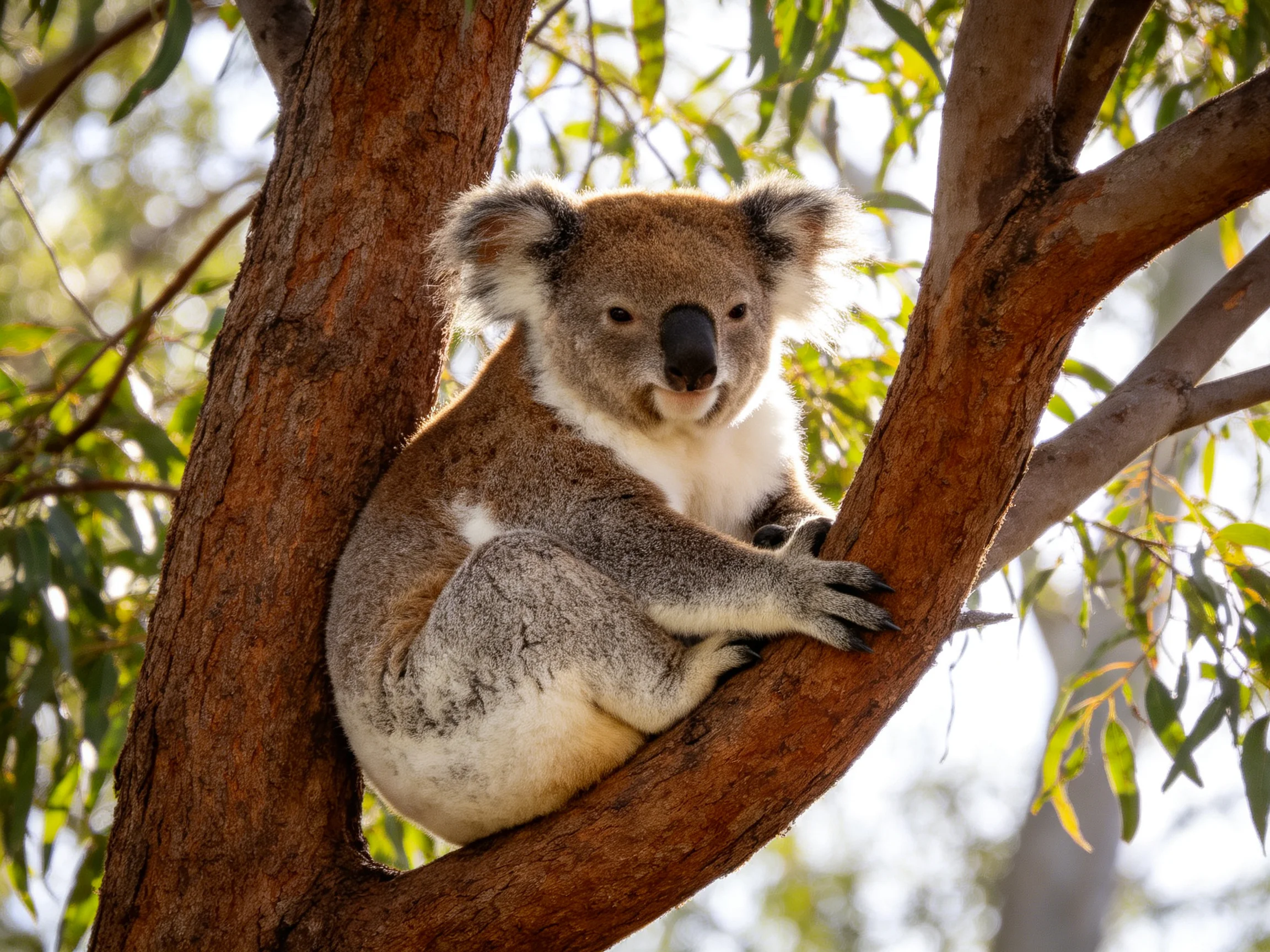 A koala rests on a tree branch surrounded by green foliage.