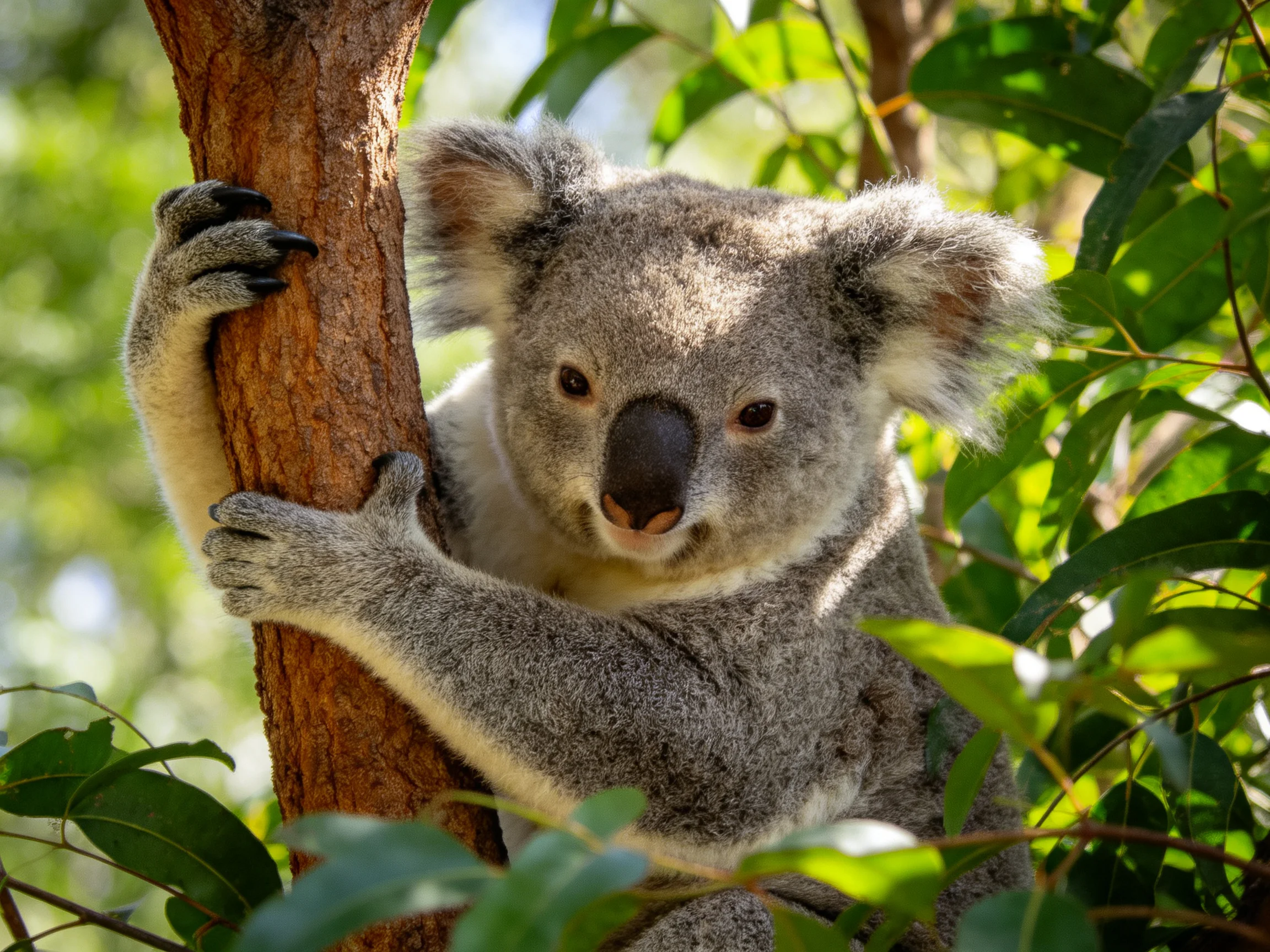 A fluffy gray koala clings to a brown tree trunk amid lush green foliage