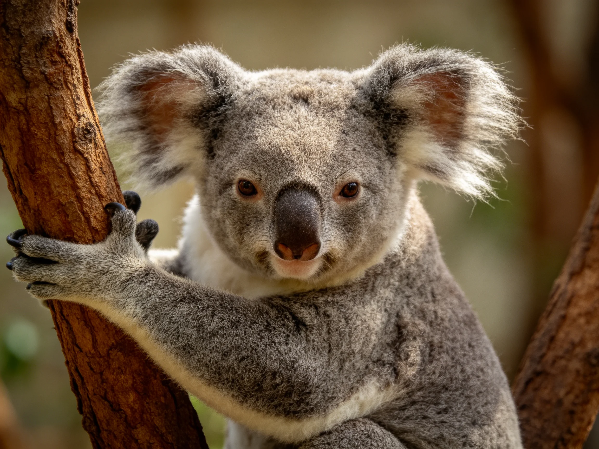 A fluffy gray koala clings to a textured brown eucalyptus branch