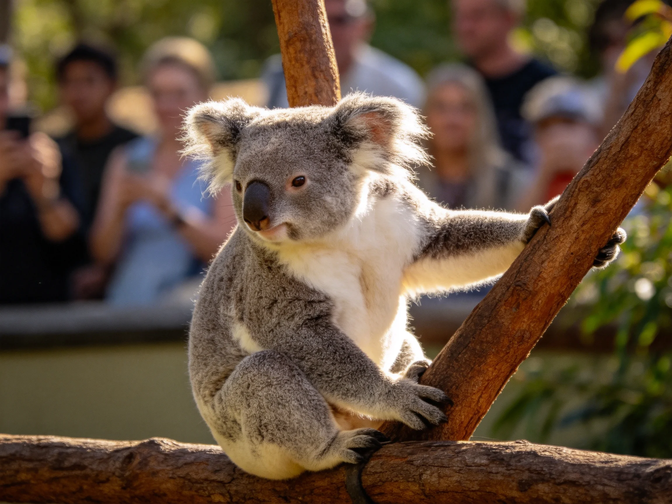 A fluffy gray koala clings to brown tree branches near spectators