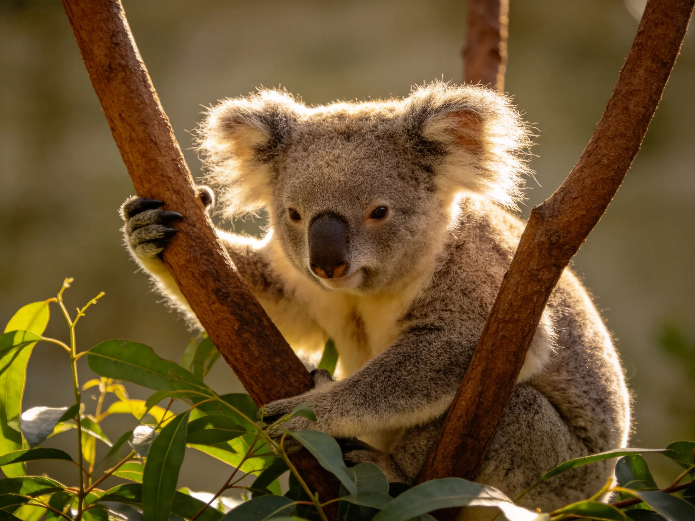 A fluffy gray koala clings to brown tree branches surrounded by green eucalyptus