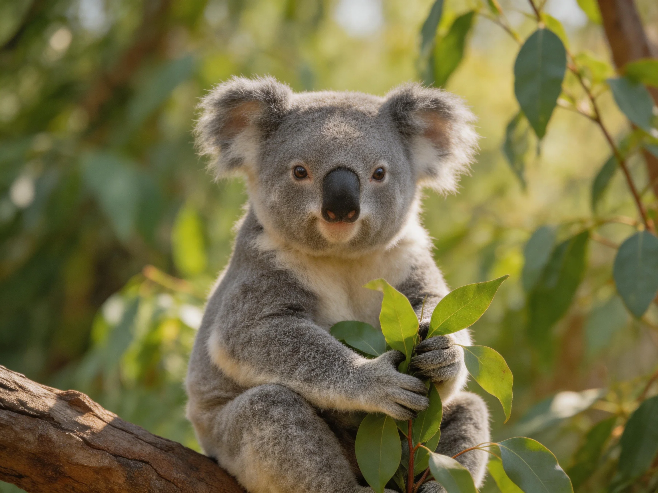 A gray koala sits on a branch with eucalyptus leaves.