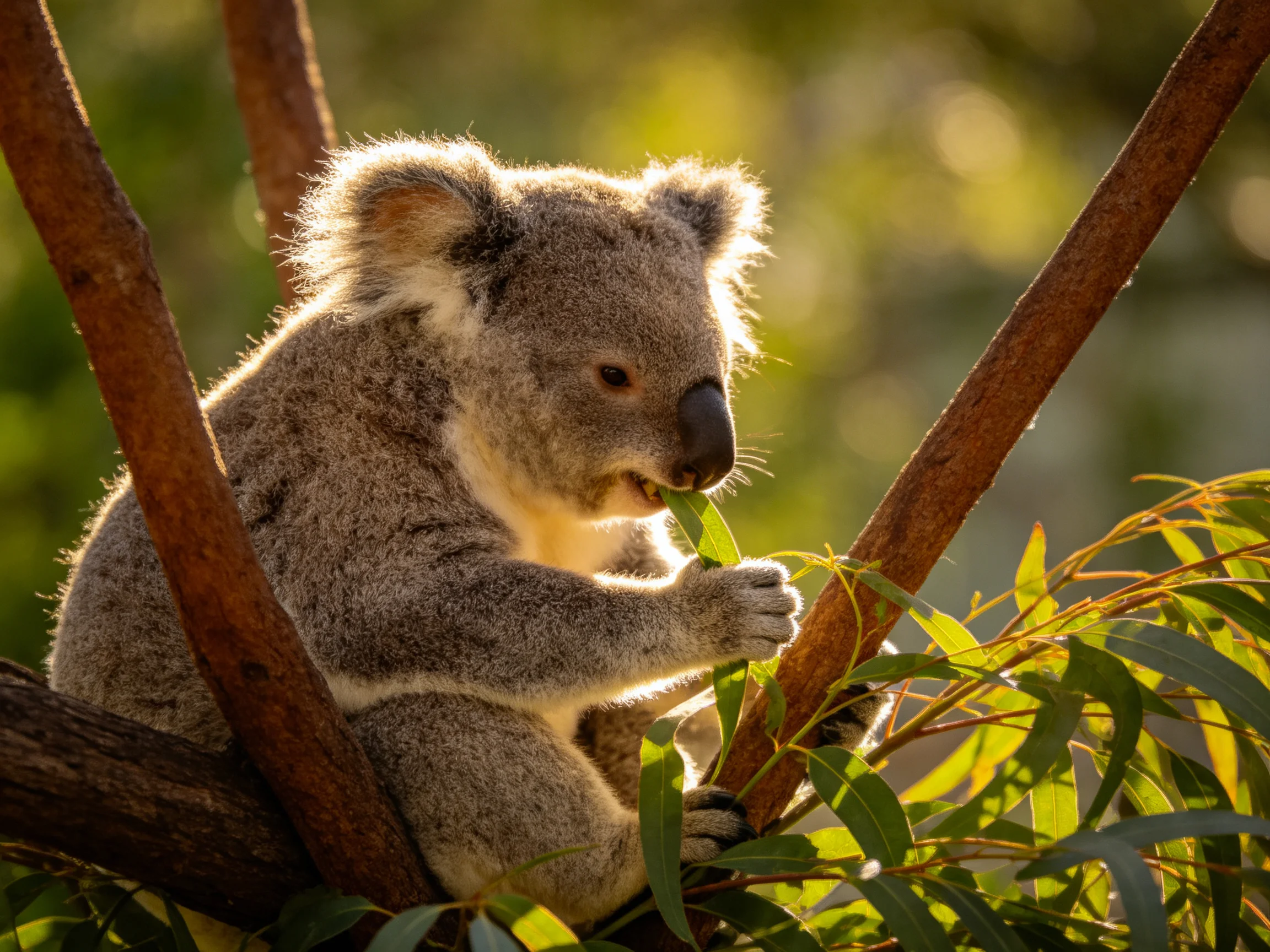 A fluffy gray koala munching eucalyptus leaves in a sunlit tree