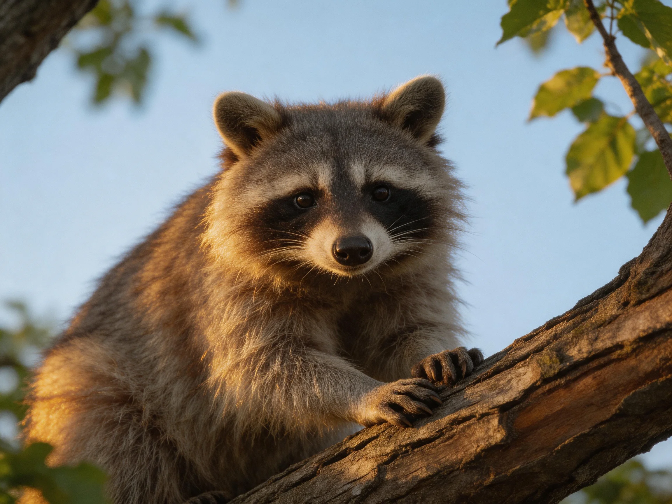 A fluffy gray raccoon rests on a weathered brown tree branch