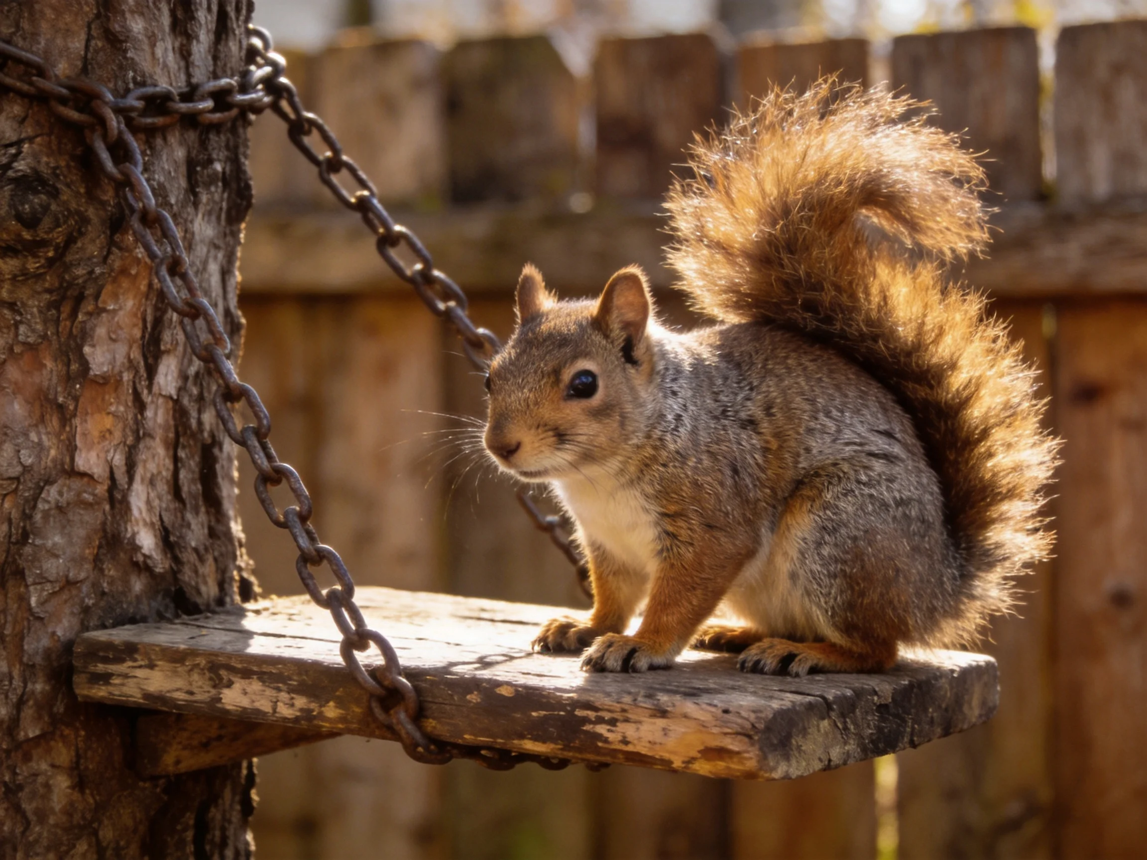 A squirrel sits on a wooden platform near a tree