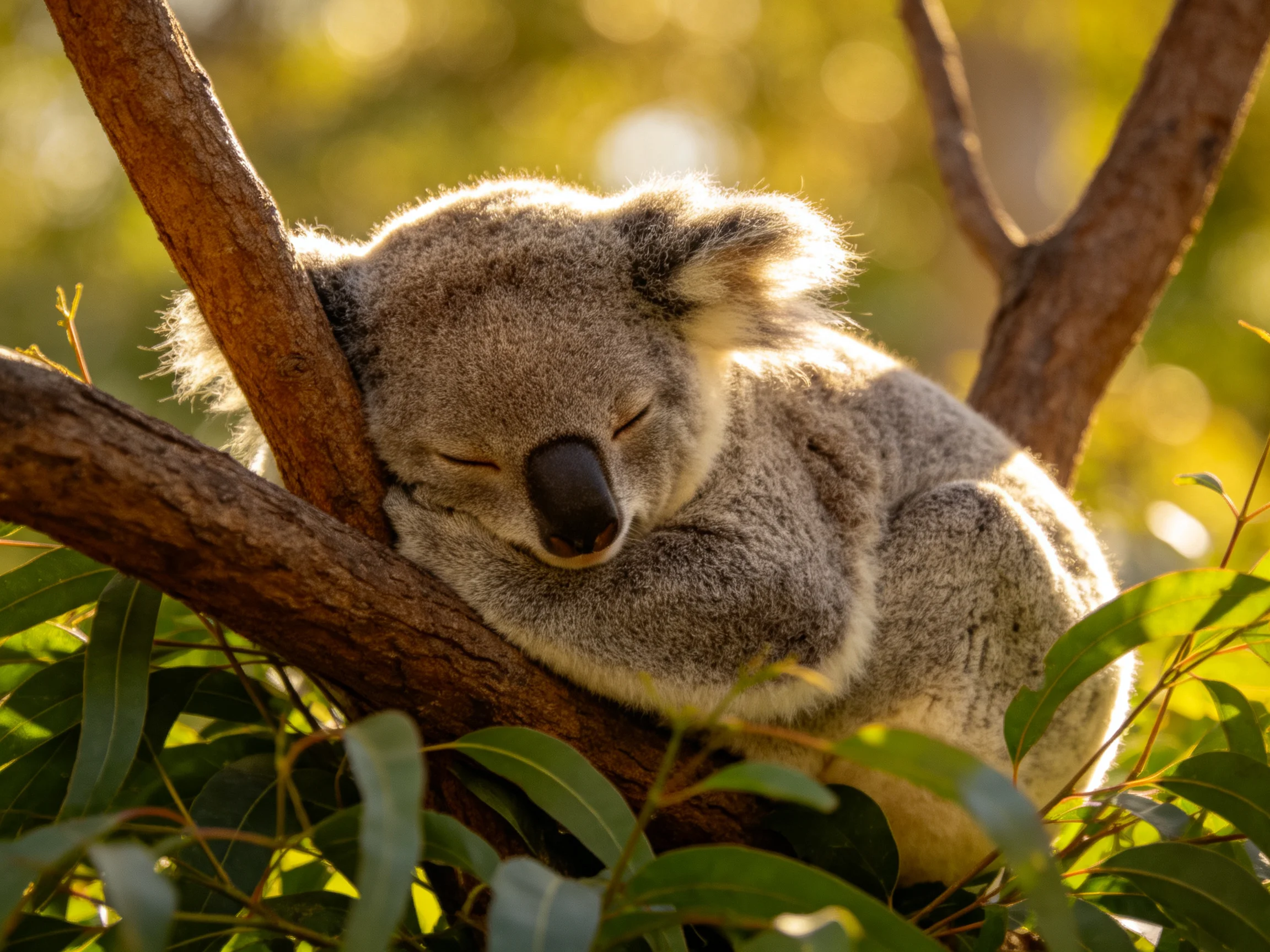 A koala sleeps peacefully on a tree branch in a sunlit area.