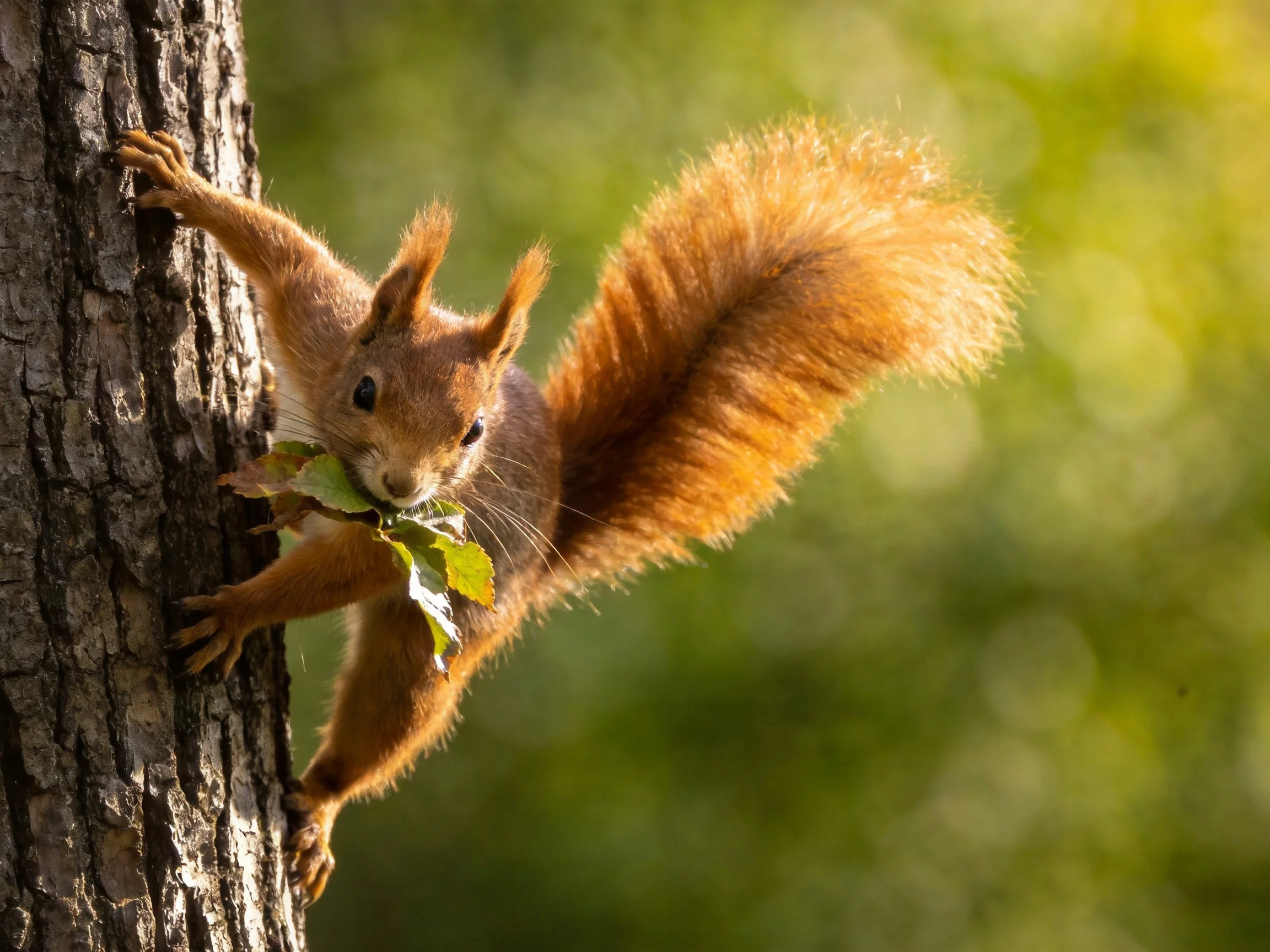 A fluffy red squirrel carries leaves up a textured tree trunk