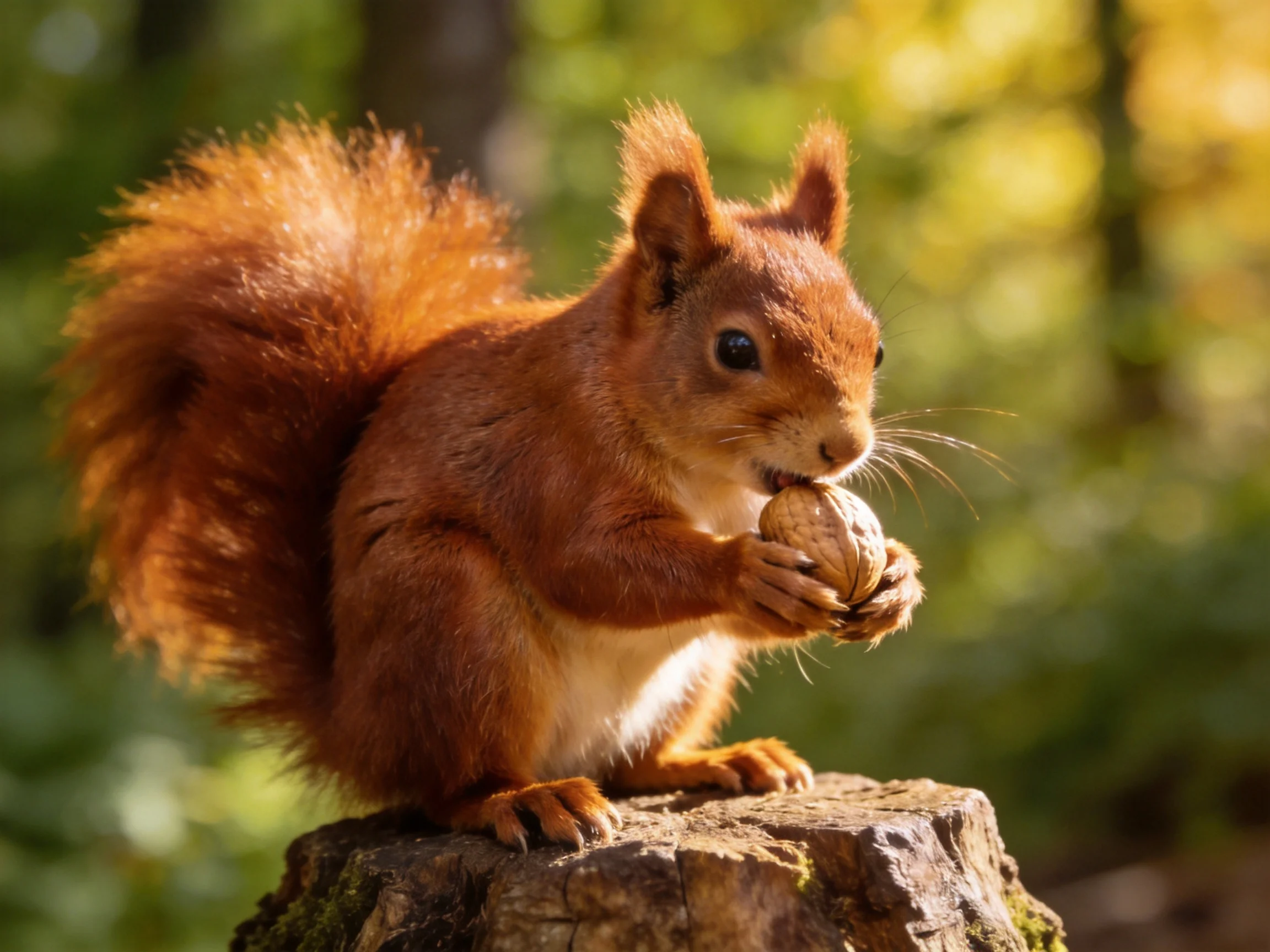 A fluffy red squirrel nibbles a nut on a mossy tree stump